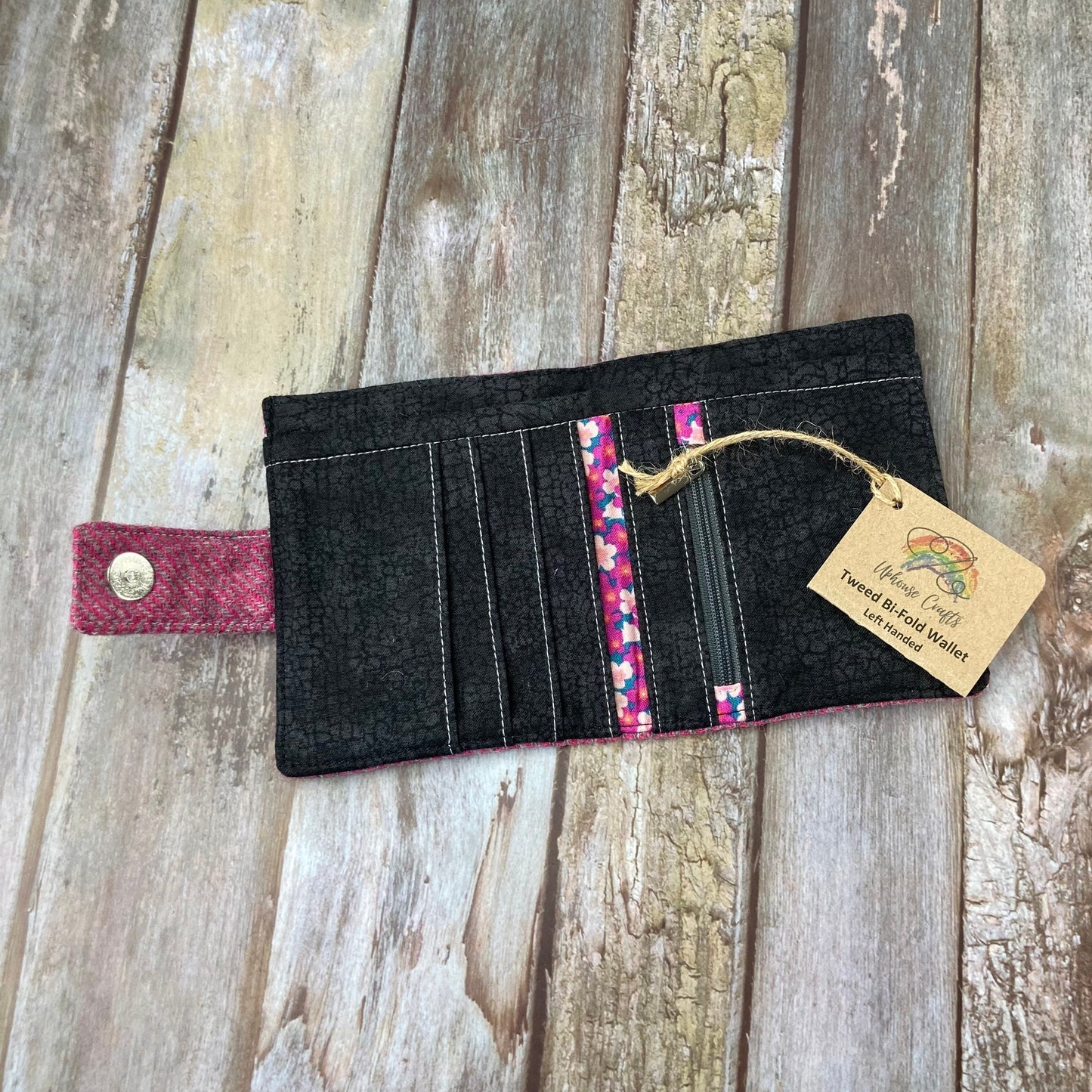 Left Handed Bi - Fold Shetland Sea Pinks Wool Tweet Wallet - Uphouse Crafts