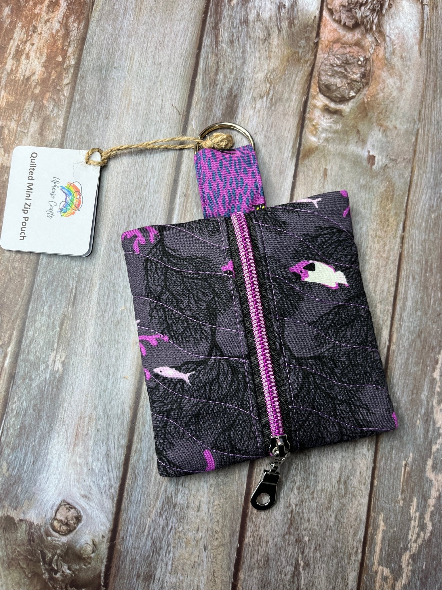 Mini Zip Pouch - Charcoal Purple Fish - Uphouse Crafts