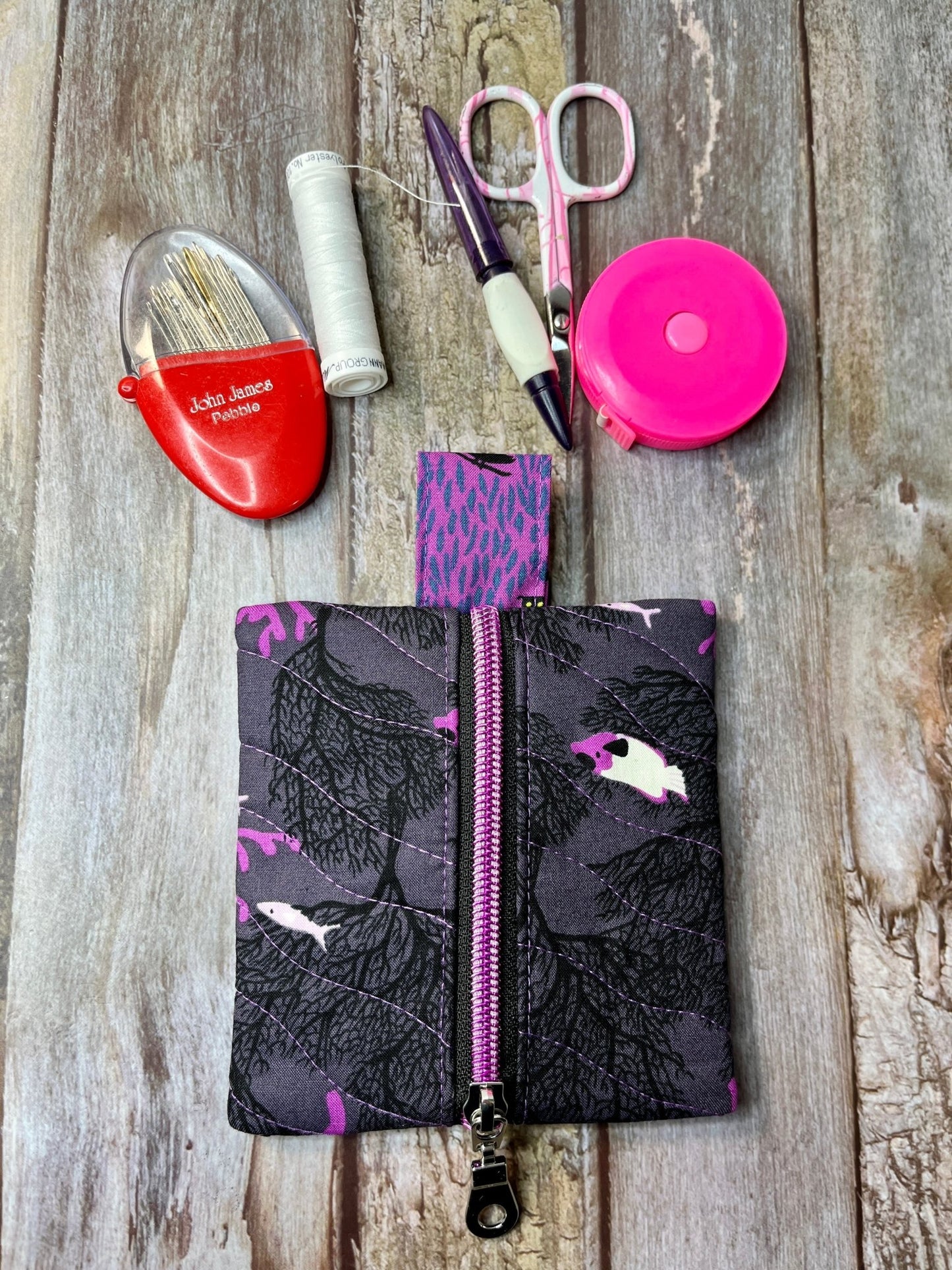 Mini Zip Pouch - Charcoal Purple Fish - Uphouse Crafts