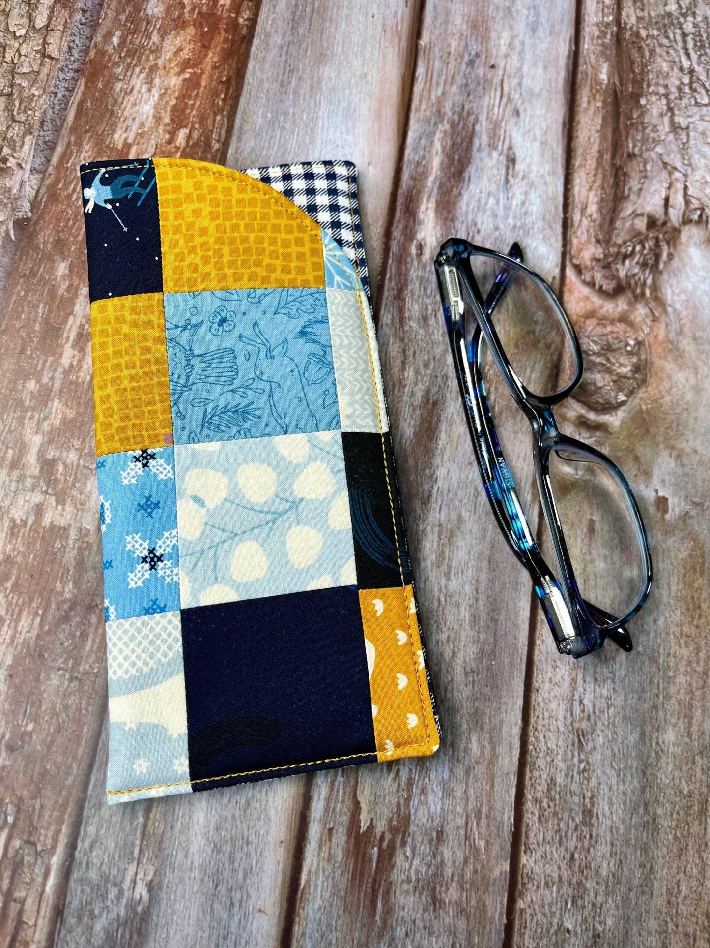 Mustard Blue Cream Patchwork Glasses Case - Uphouse Crafts