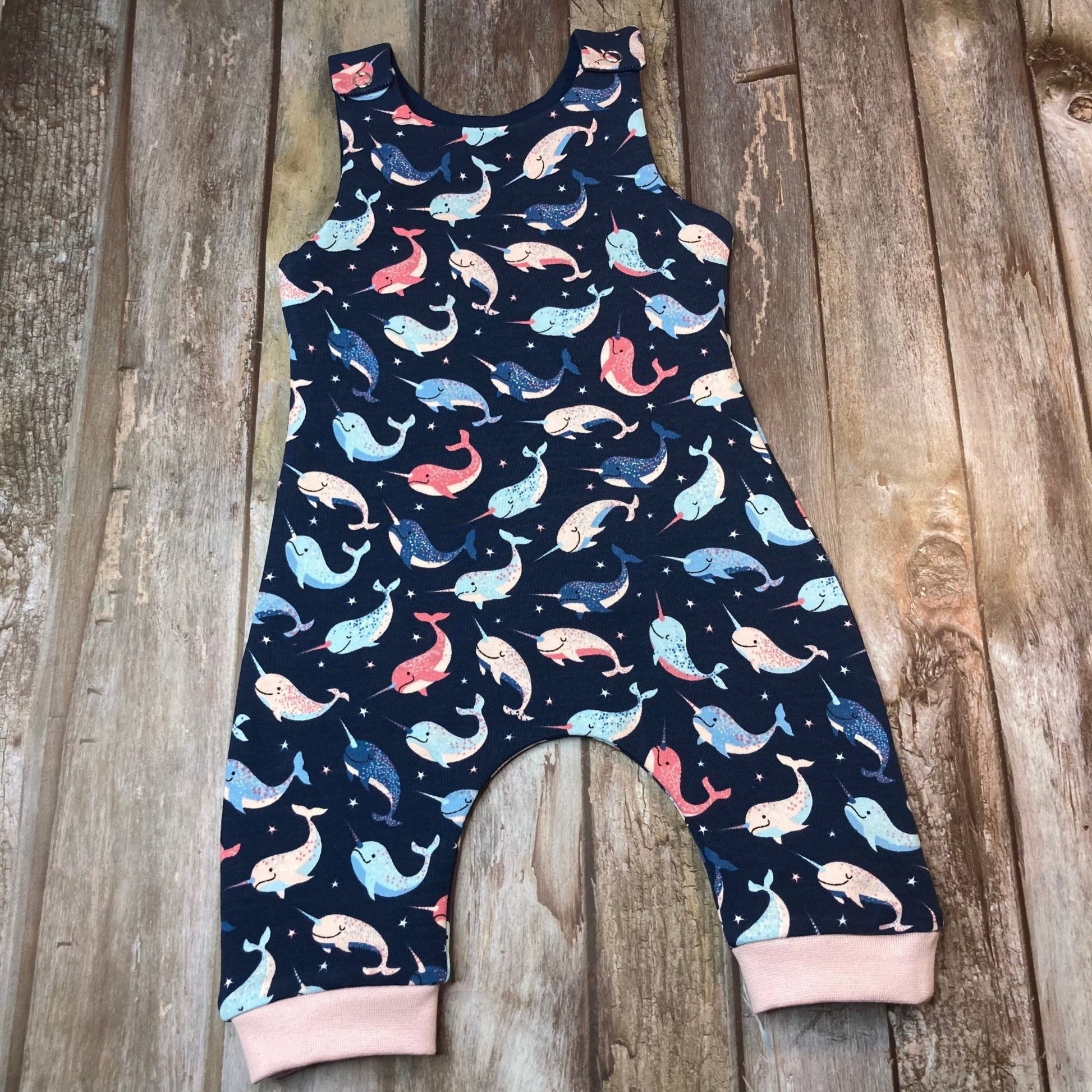 Navy Blue Narwhal dungarees Romper 0 - 3 months - Uphouse Crafts