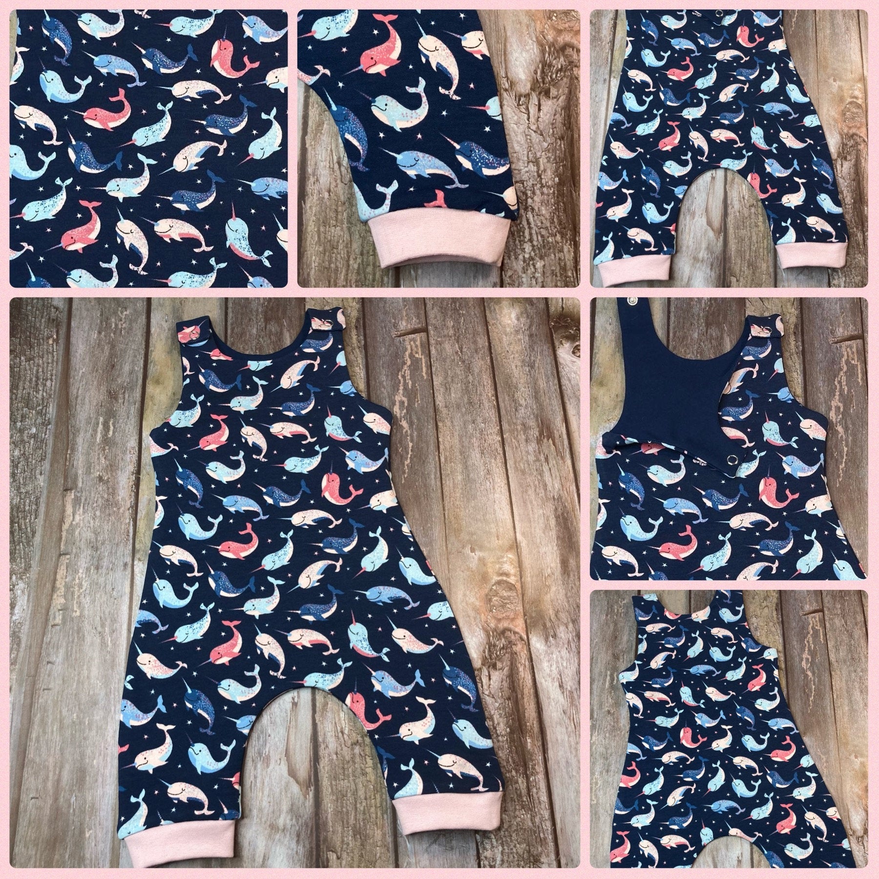 Navy Blue Narwhal dungarees Romper 0 - 3 months - Uphouse Crafts