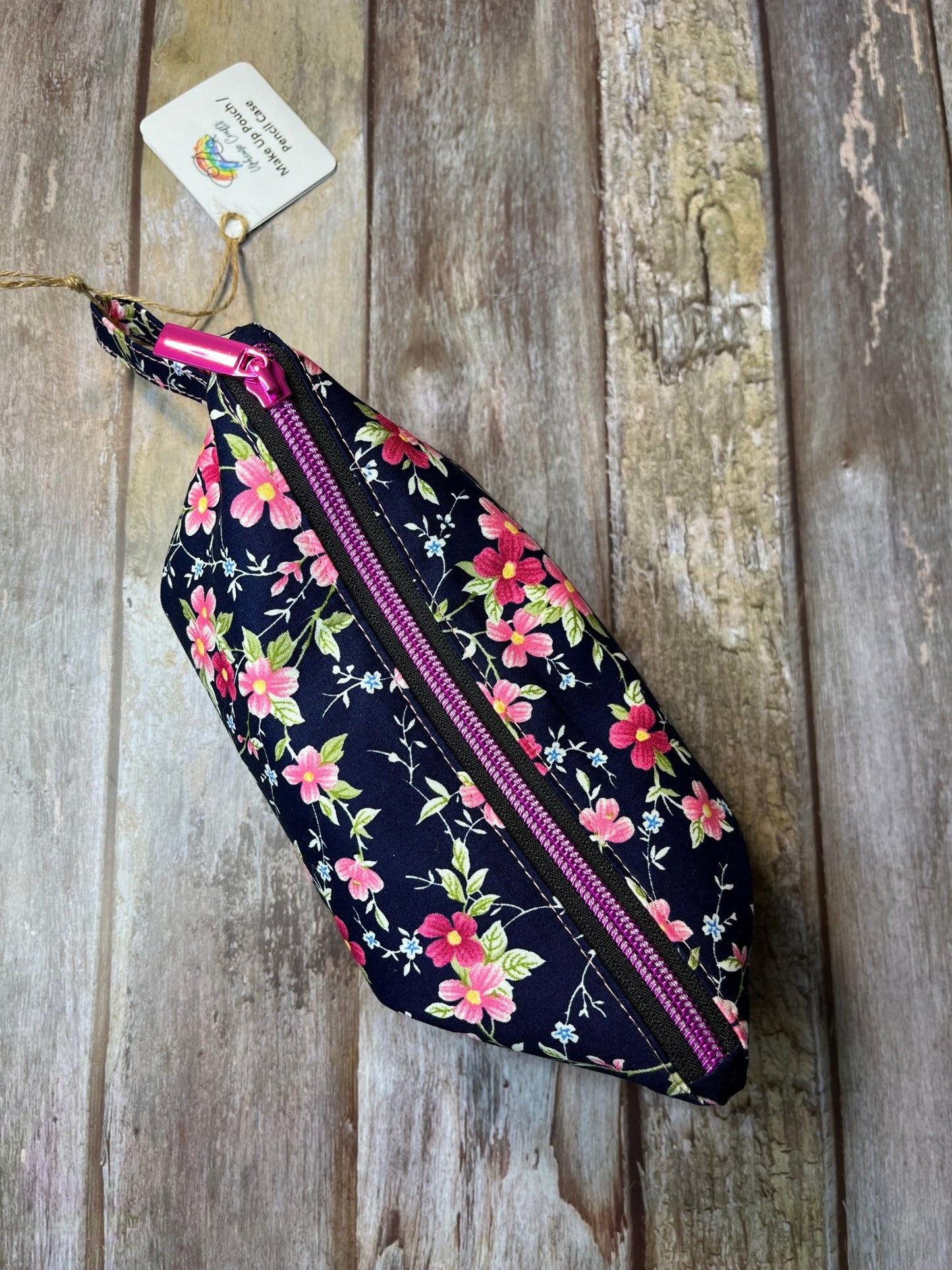 Navy Pink Floral Makeup Bag Pencil Case - Uphouse Crafts