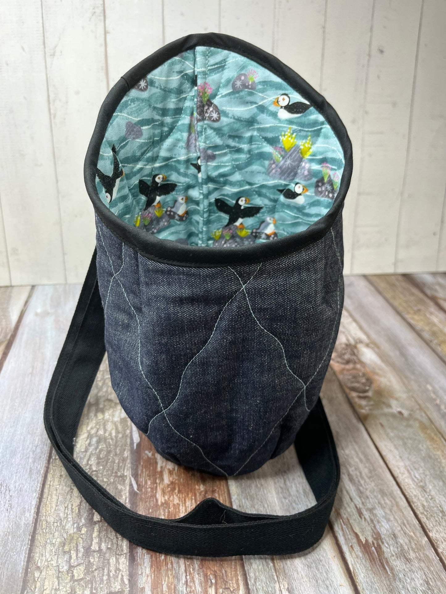 New Style Denim Clothes Peg Bag - Green Puffin on Rocks - Uphouse Crafts