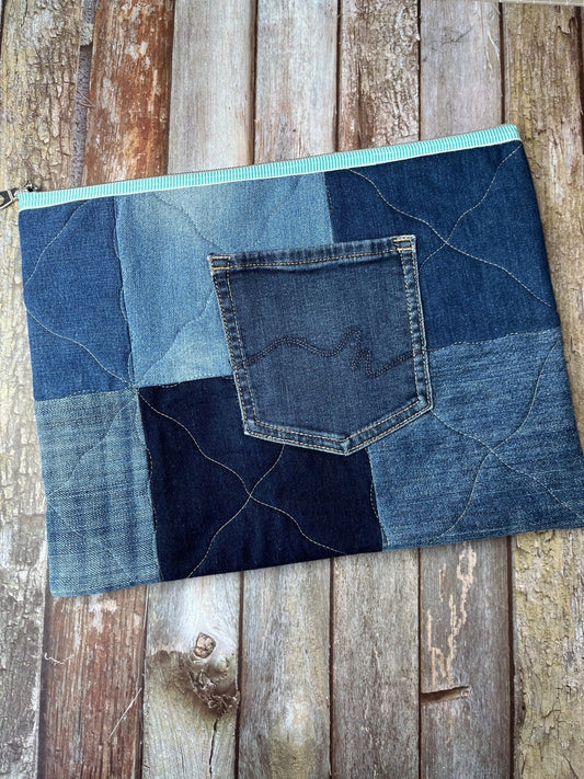 No UC01 Reclaimed Denim Book Bag, Quilted Denim Book Zip Pouch, - Uphouse Crafts