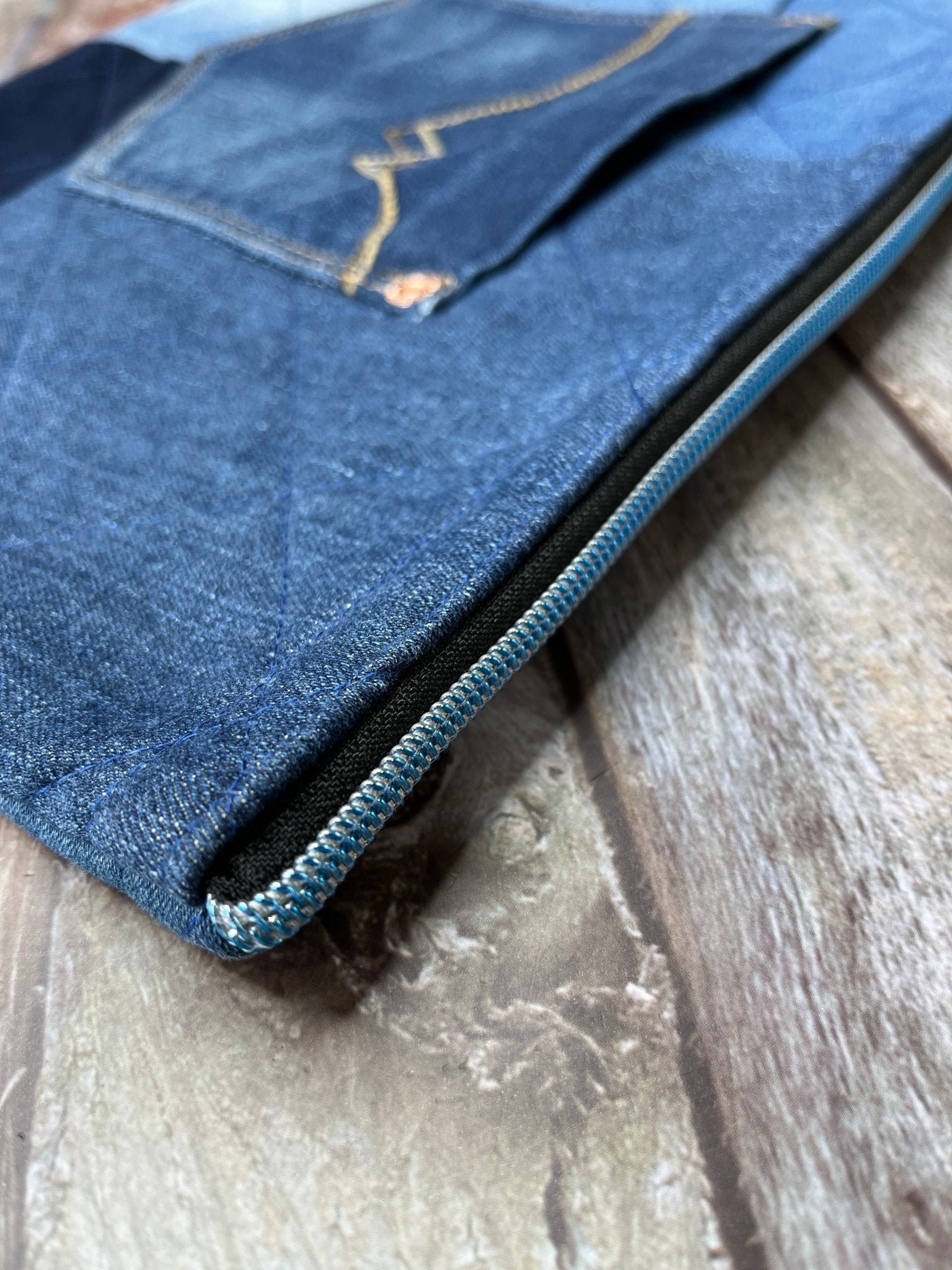 No UC02 Reclaimed Denim Book Bag, Quilted Denim Book Zip Pouch, - Uphouse Crafts