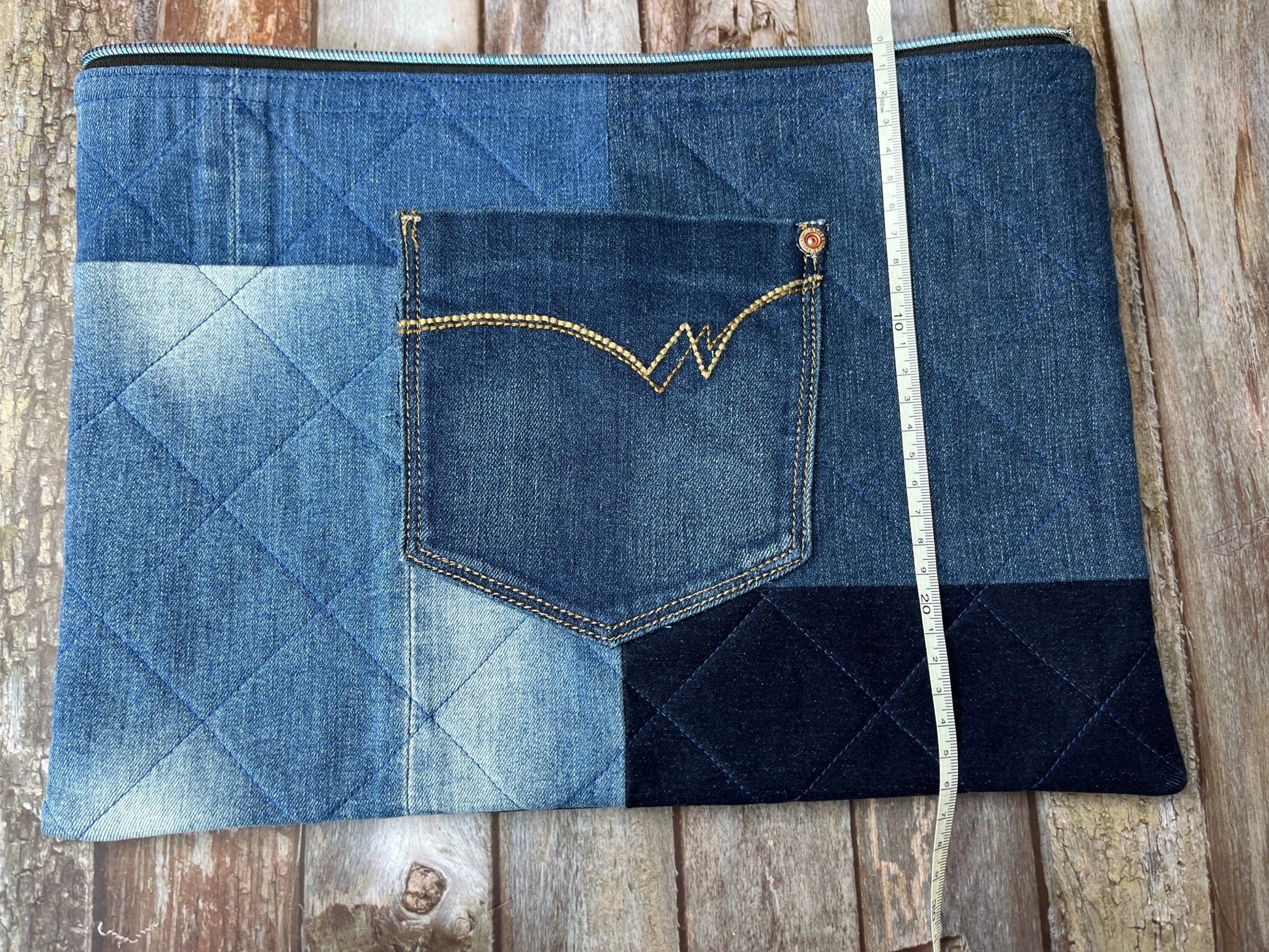 No UC02 Reclaimed Denim Book Bag, Quilted Denim Book Zip Pouch, - Uphouse Crafts