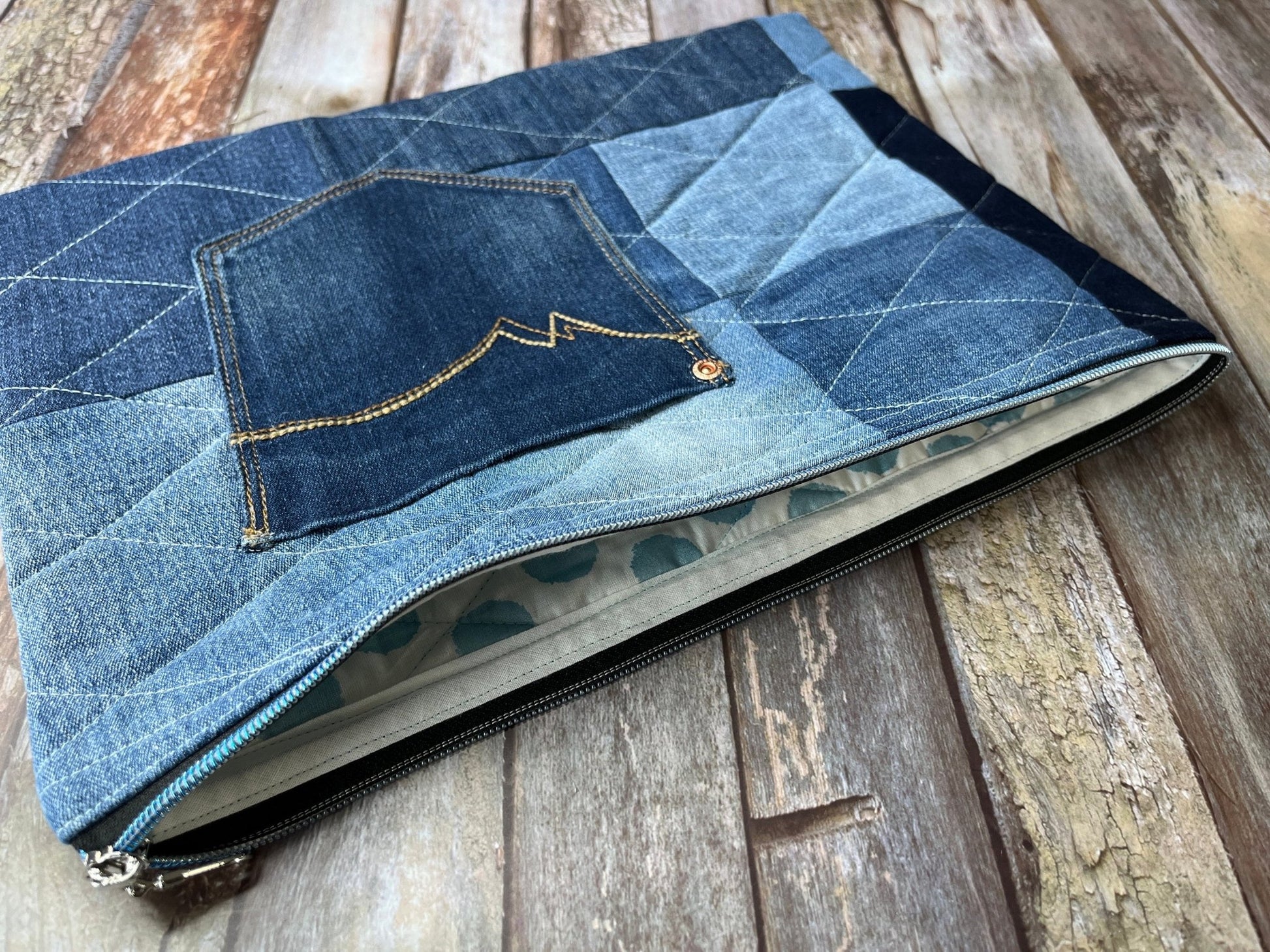 No UC04 Reclaimed Denim Book Bag, Quilted Denim Book Zip Pouch, - Uphouse Crafts