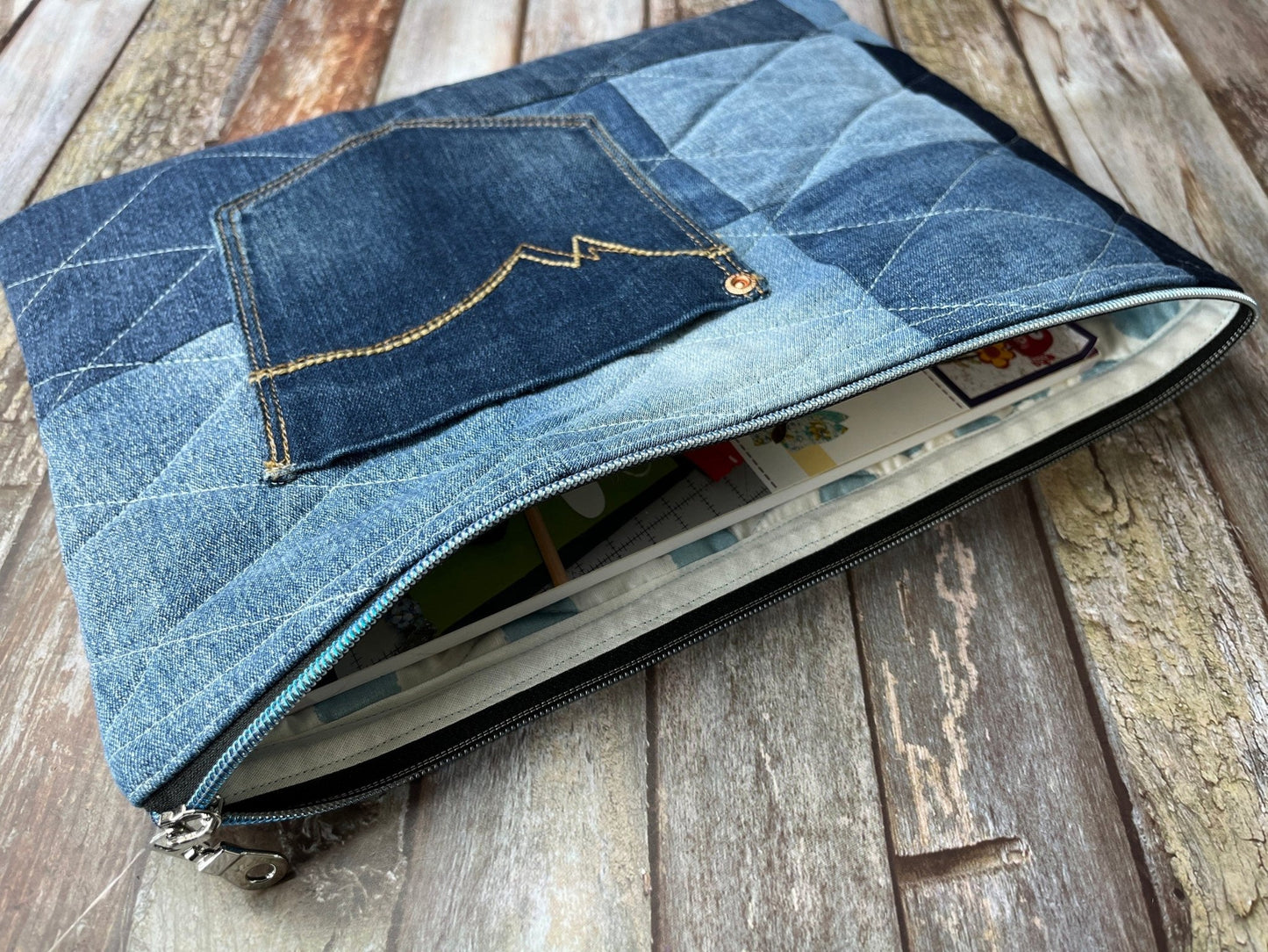 No UC04 Reclaimed Denim Book Bag, Quilted Denim Book Zip Pouch, - Uphouse Crafts