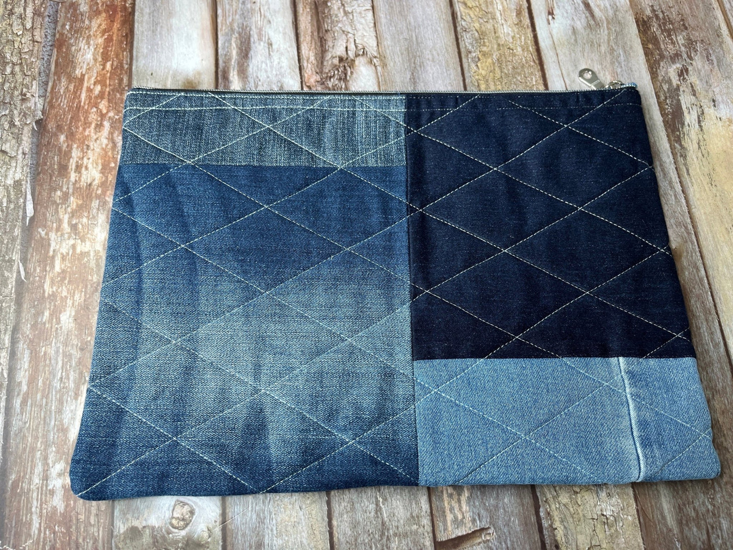 No UC04 Reclaimed Denim Book Bag, Quilted Denim Book Zip Pouch, - Uphouse Crafts