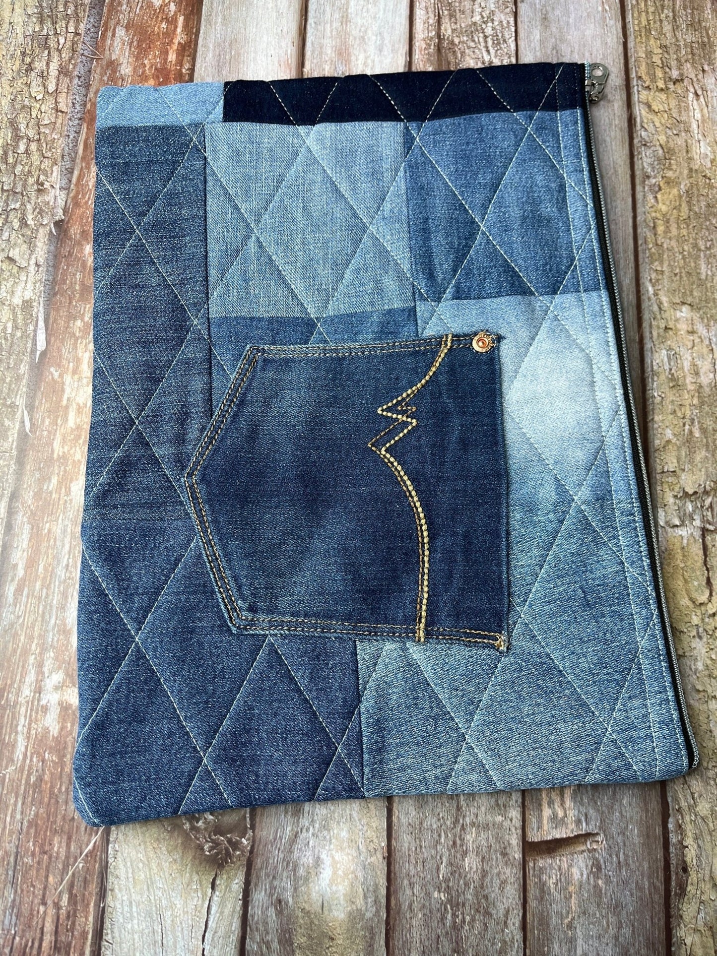 No UC04 Reclaimed Denim Book Bag, Quilted Denim Book Zip Pouch, - Uphouse Crafts