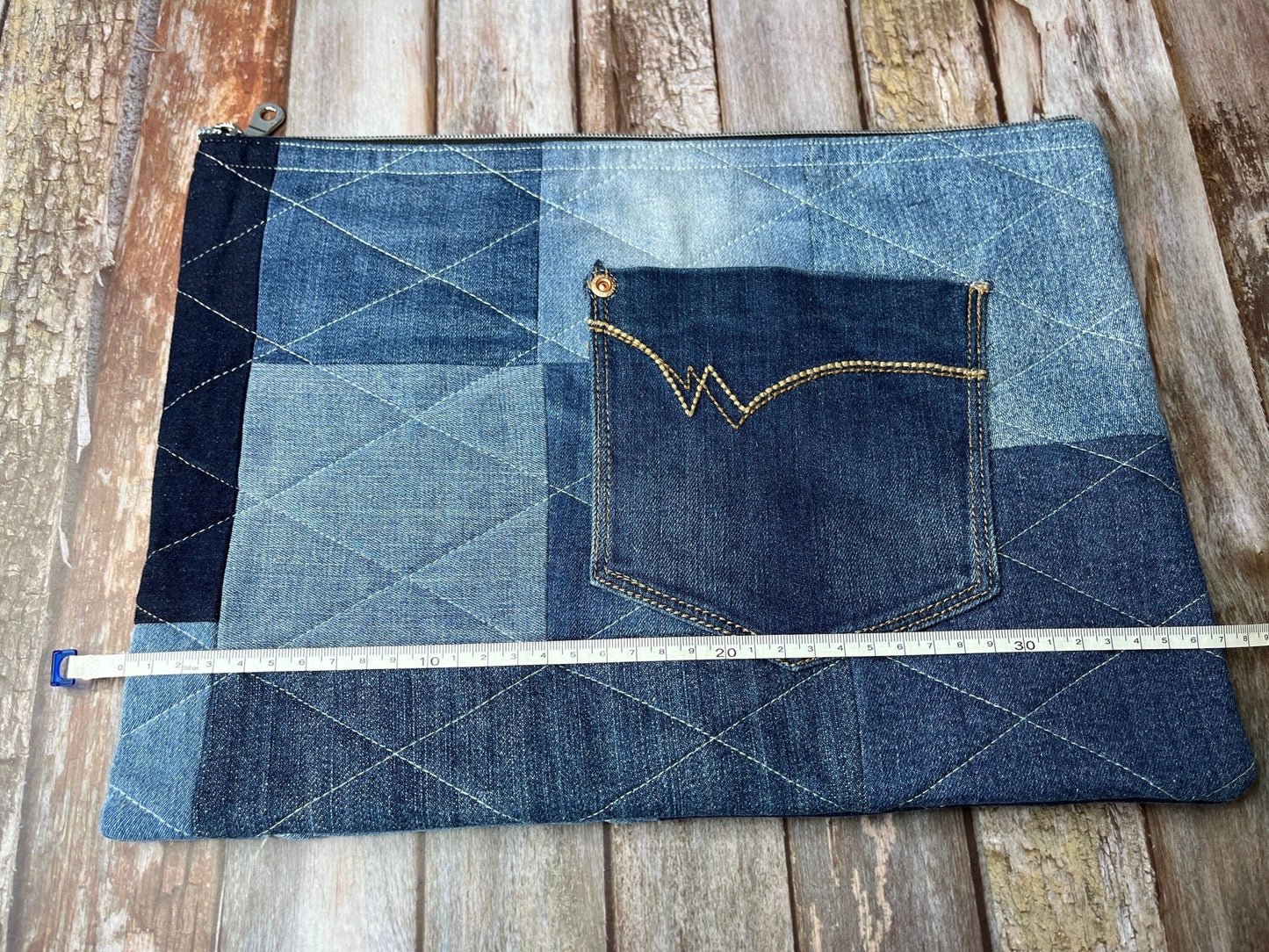 No UC04 Reclaimed Denim Book Bag, Quilted Denim Book Zip Pouch, - Uphouse Crafts