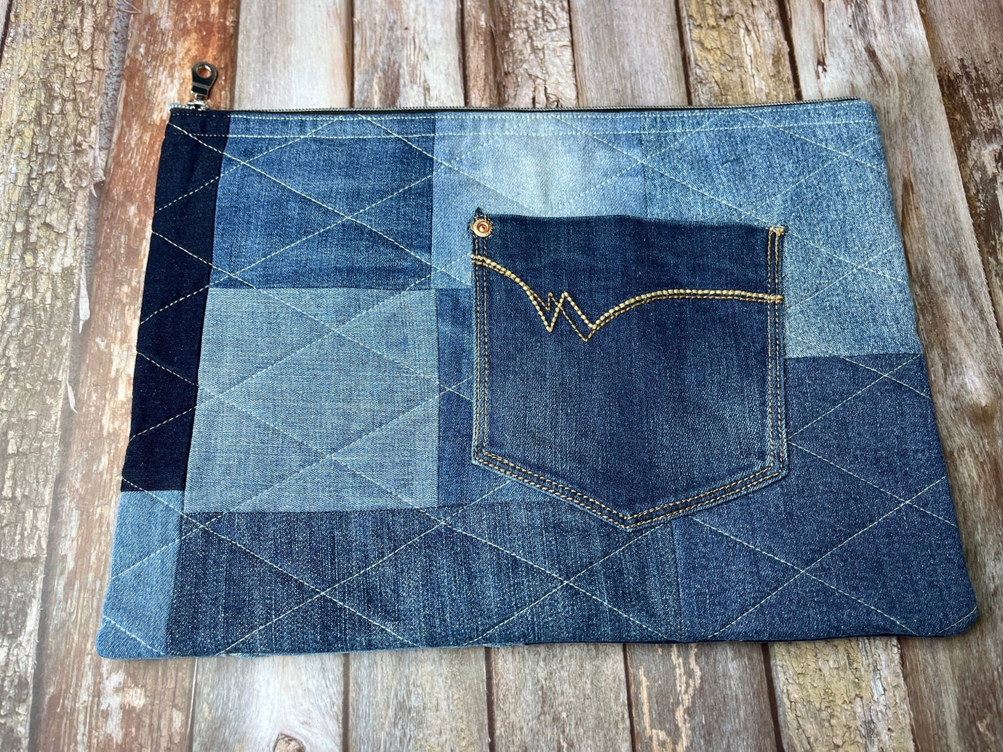 No UC04 Reclaimed Denim Book Bag, Quilted Denim Book Zip Pouch, - Uphouse Crafts