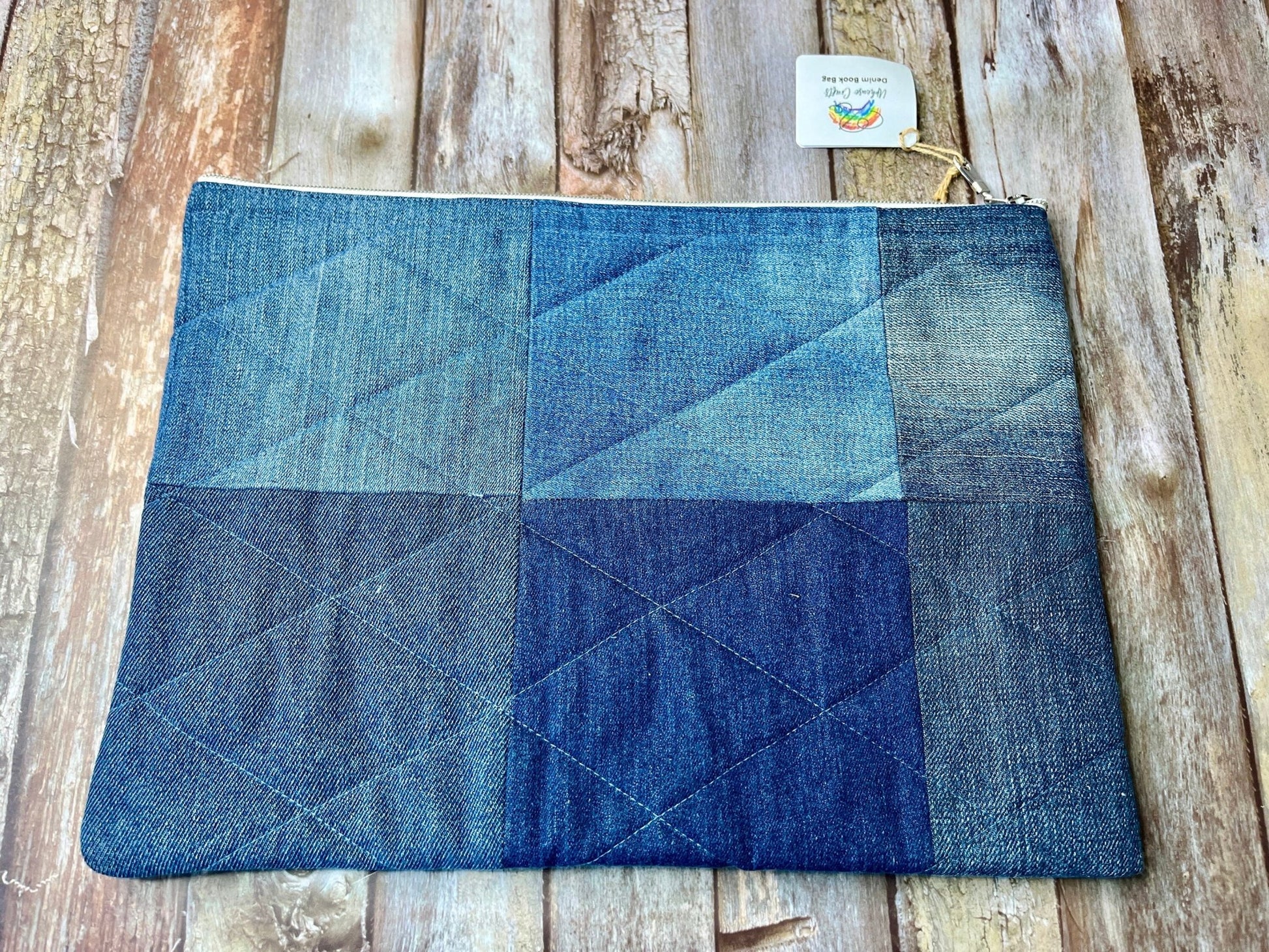 No UC06 Reclaimed Denim Book Bag, Quilted Denim Book Zip Pouch, - Uphouse Crafts