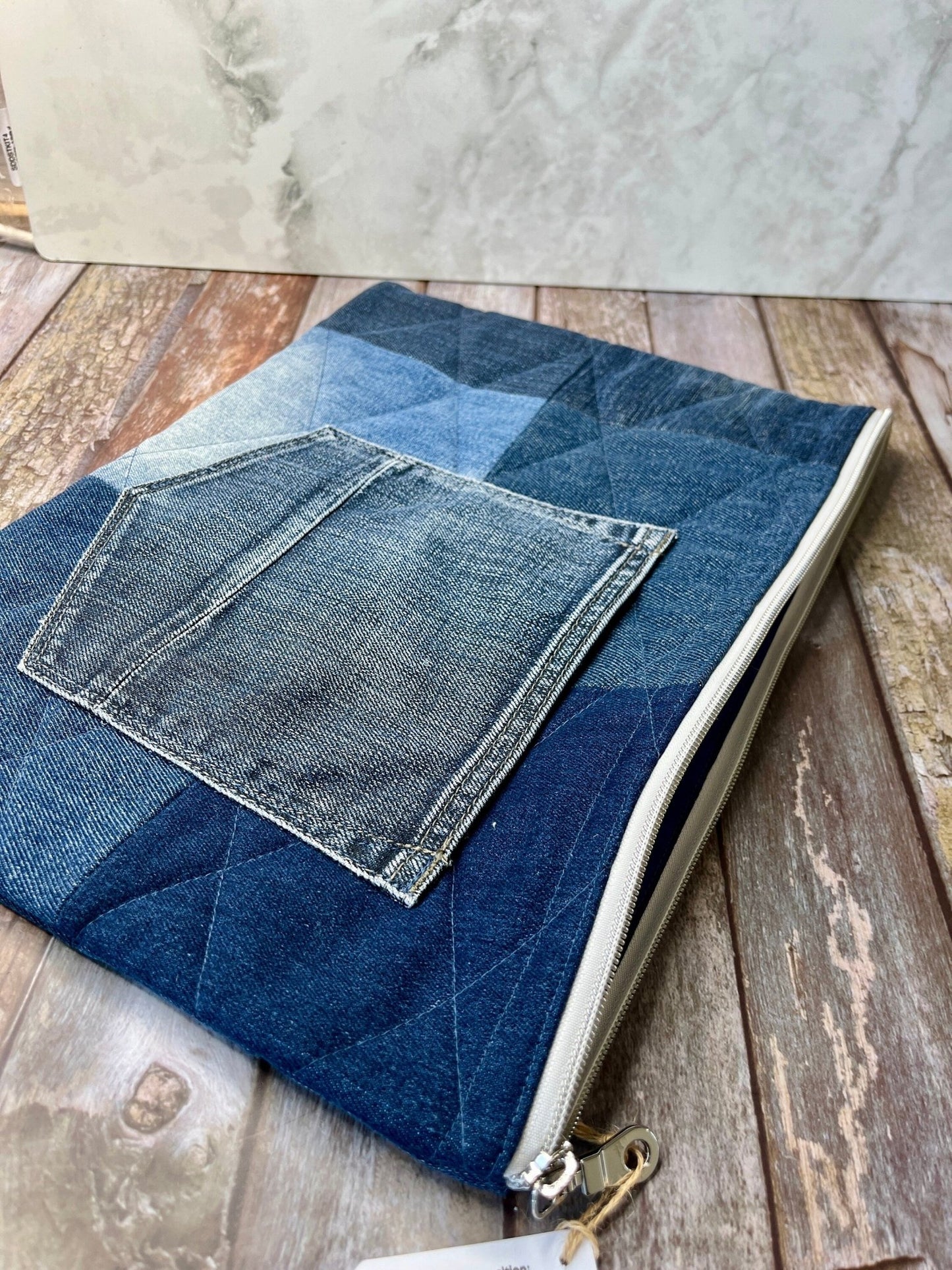 No UC06 Reclaimed Denim Book Bag, Quilted Denim Book Zip Pouch, - Uphouse Crafts