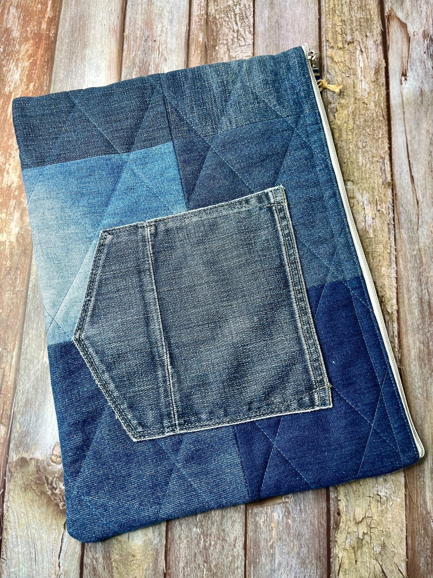 No UC06 Reclaimed Denim Book Bag, Quilted Denim Book Zip Pouch, - Uphouse Crafts