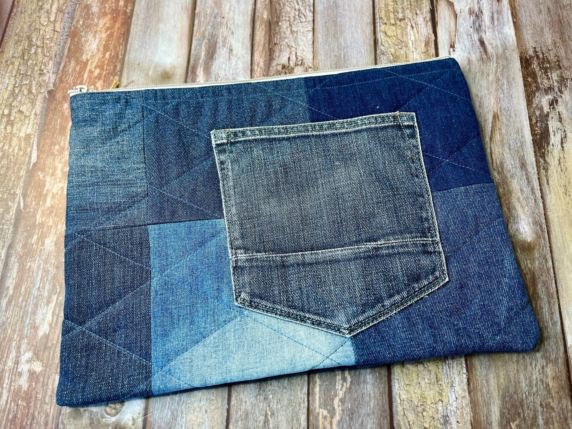 No UC06 Reclaimed Denim Book Bag, Quilted Denim Book Zip Pouch, - Uphouse Crafts