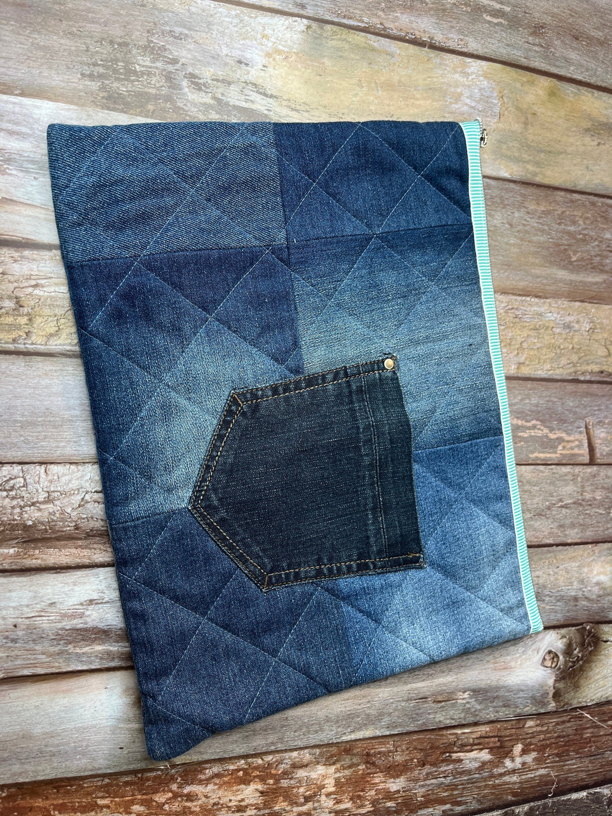 No UC07 Reclaimed Denim Book Bag, Quilted Denim Book Zip Pouch, - Uphouse Crafts