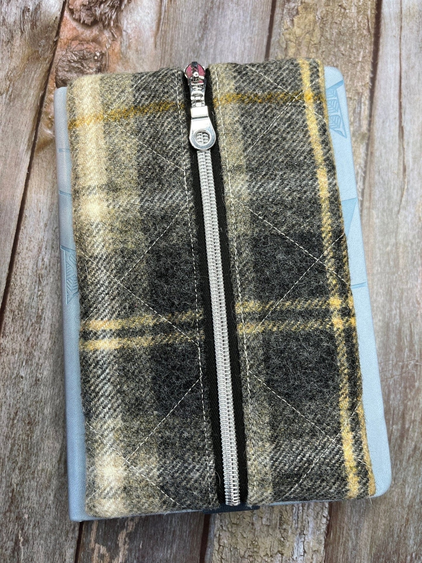 Notebook Pencil Case - Beige Grey Mustard Check Tweed