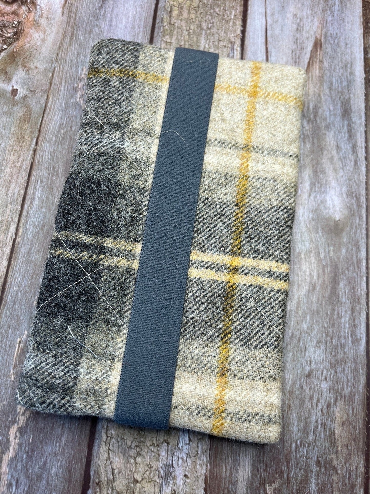 Notebook Pencil Case - Beige Grey Mustard Check Tweed