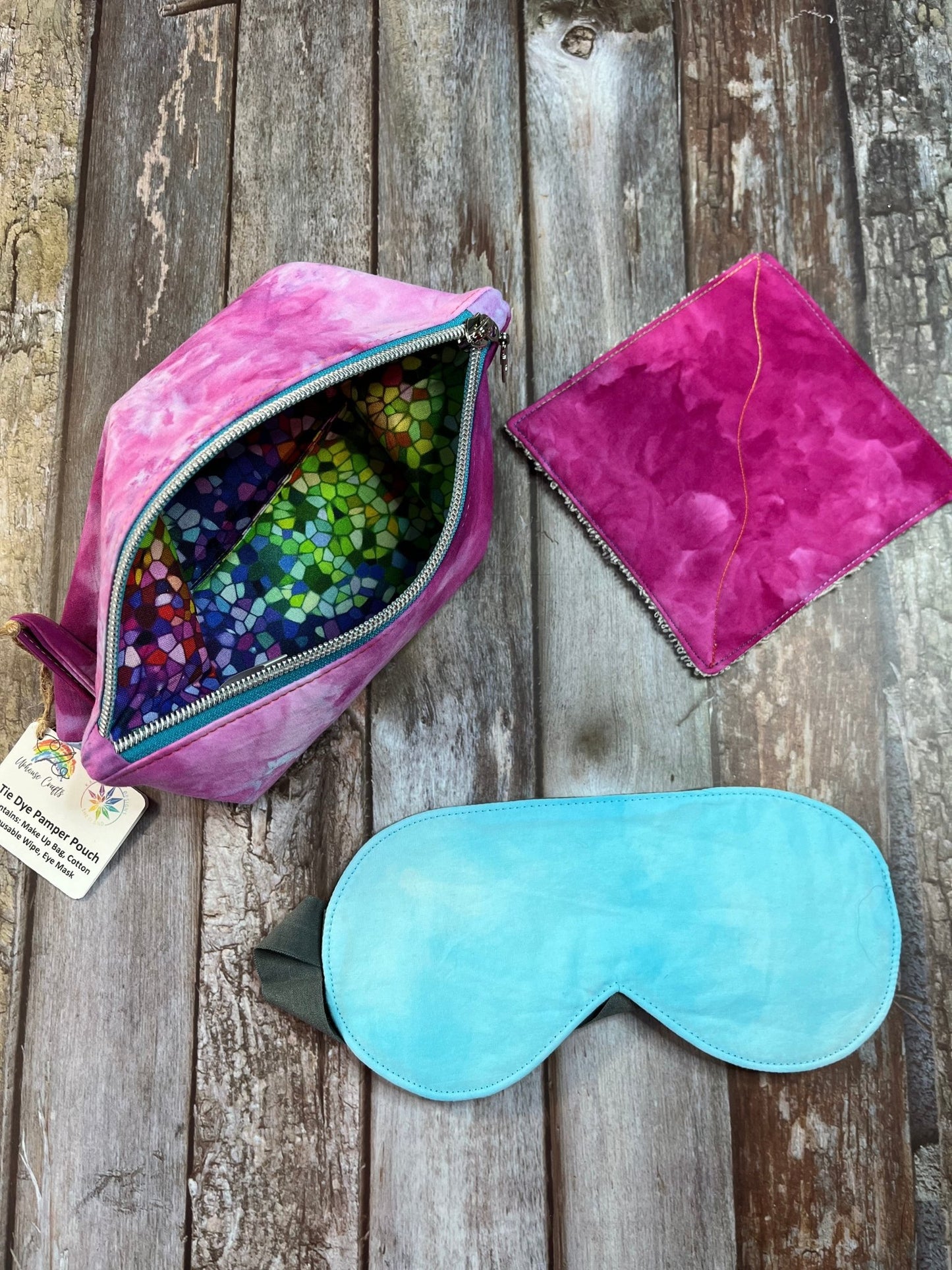 Pamper Pouch Gift Set - Cotton MakeUp Bag Reusable Wipe Sleep Mask - Tie Dye - SALE - Uphouse Crafts