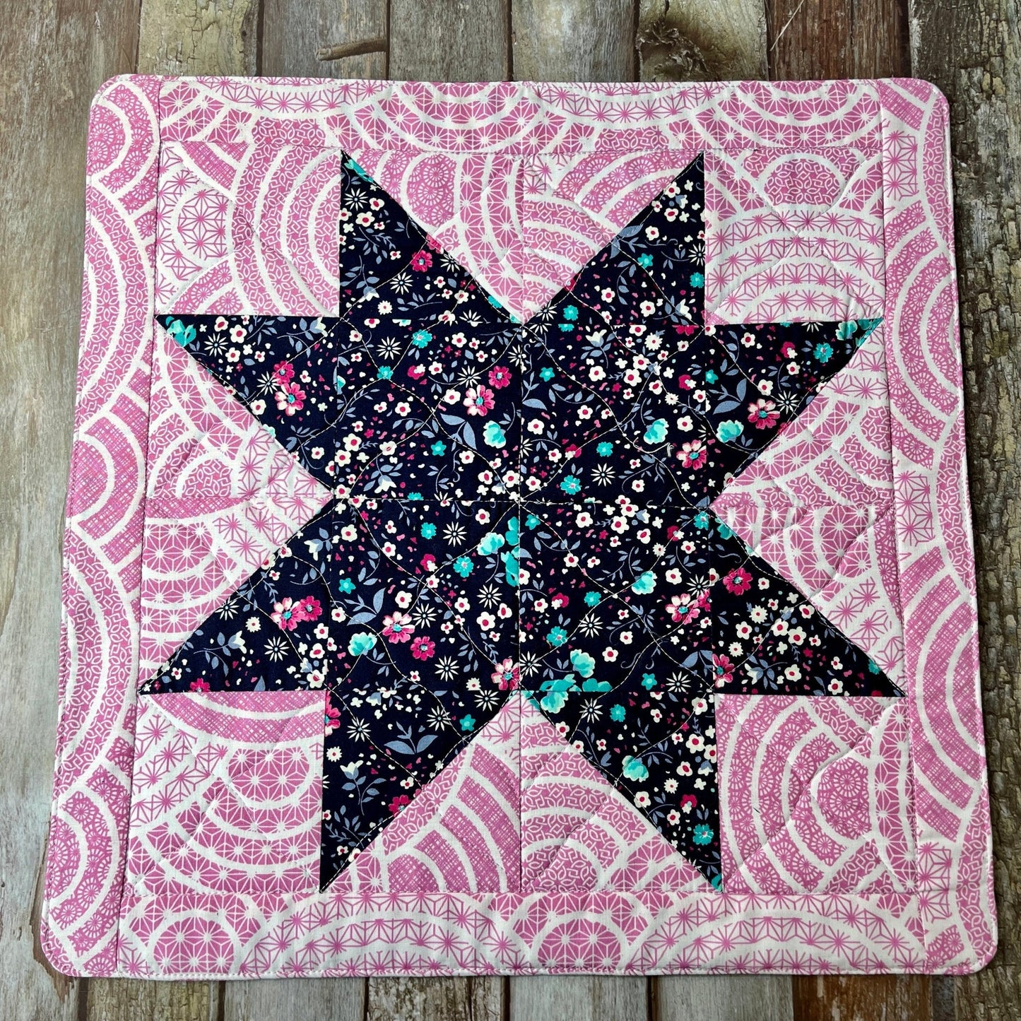 Pink Blue Patchwork Star Table Centre, Table Mat, Hot Pad - Uphouse Crafts