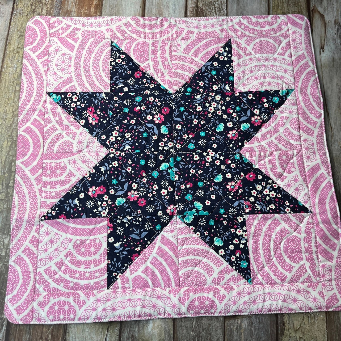 Pink Blue Patchwork Star Table Centre, Table Mat, Hot Pad - Uphouse Crafts