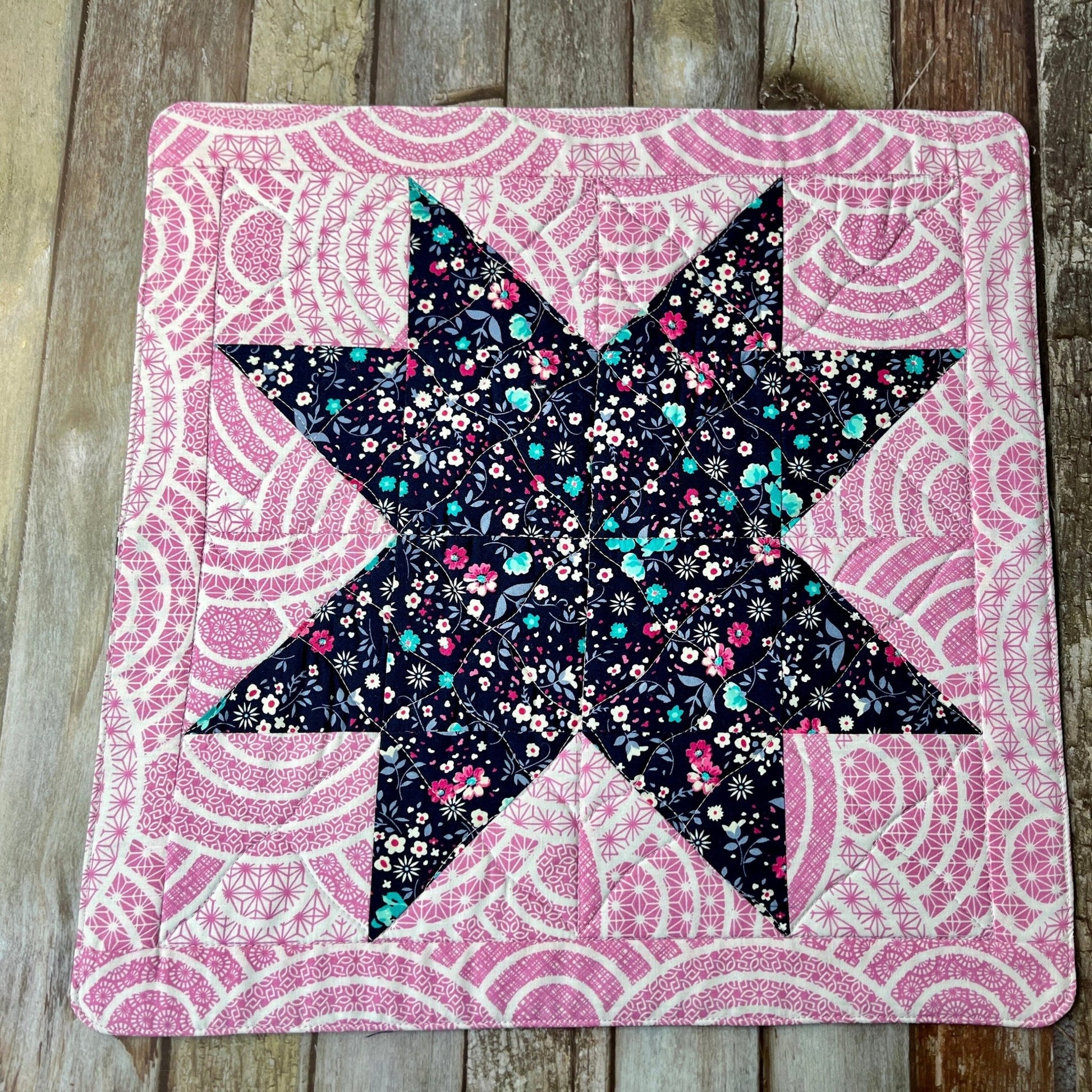 Pink Blue Patchwork Star Table Centre, Table Mat, Hot Pad - Uphouse Crafts