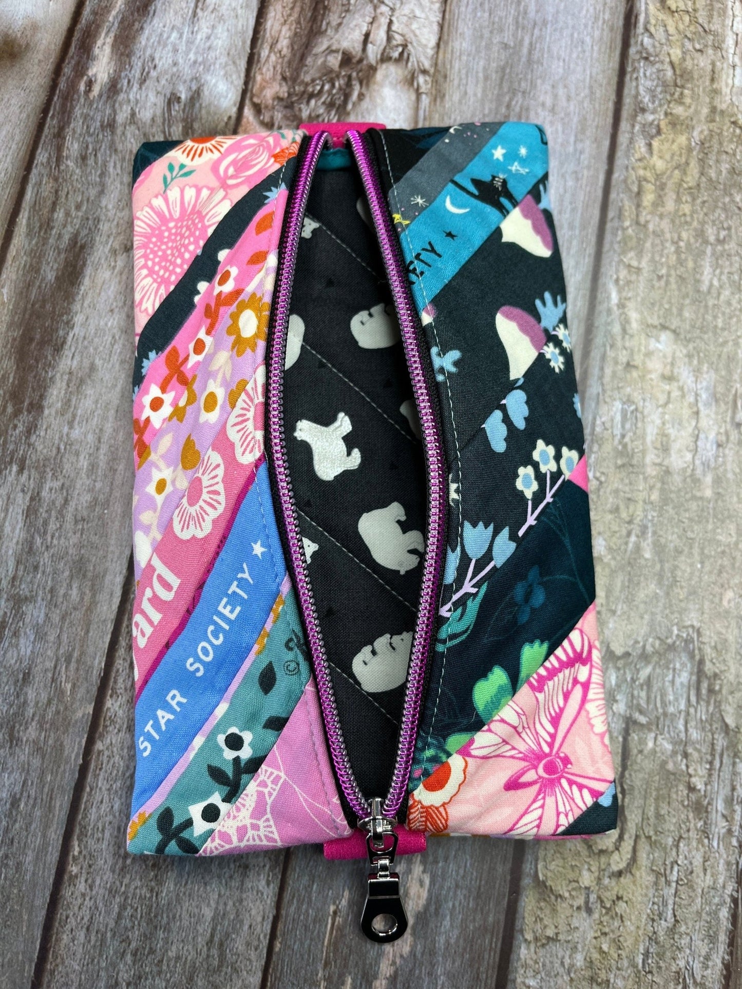 Pink Floral Cat Patchwork Notebook Pencil Case, A5 Journal Zip Case, Bookmark - Uphouse Crafts