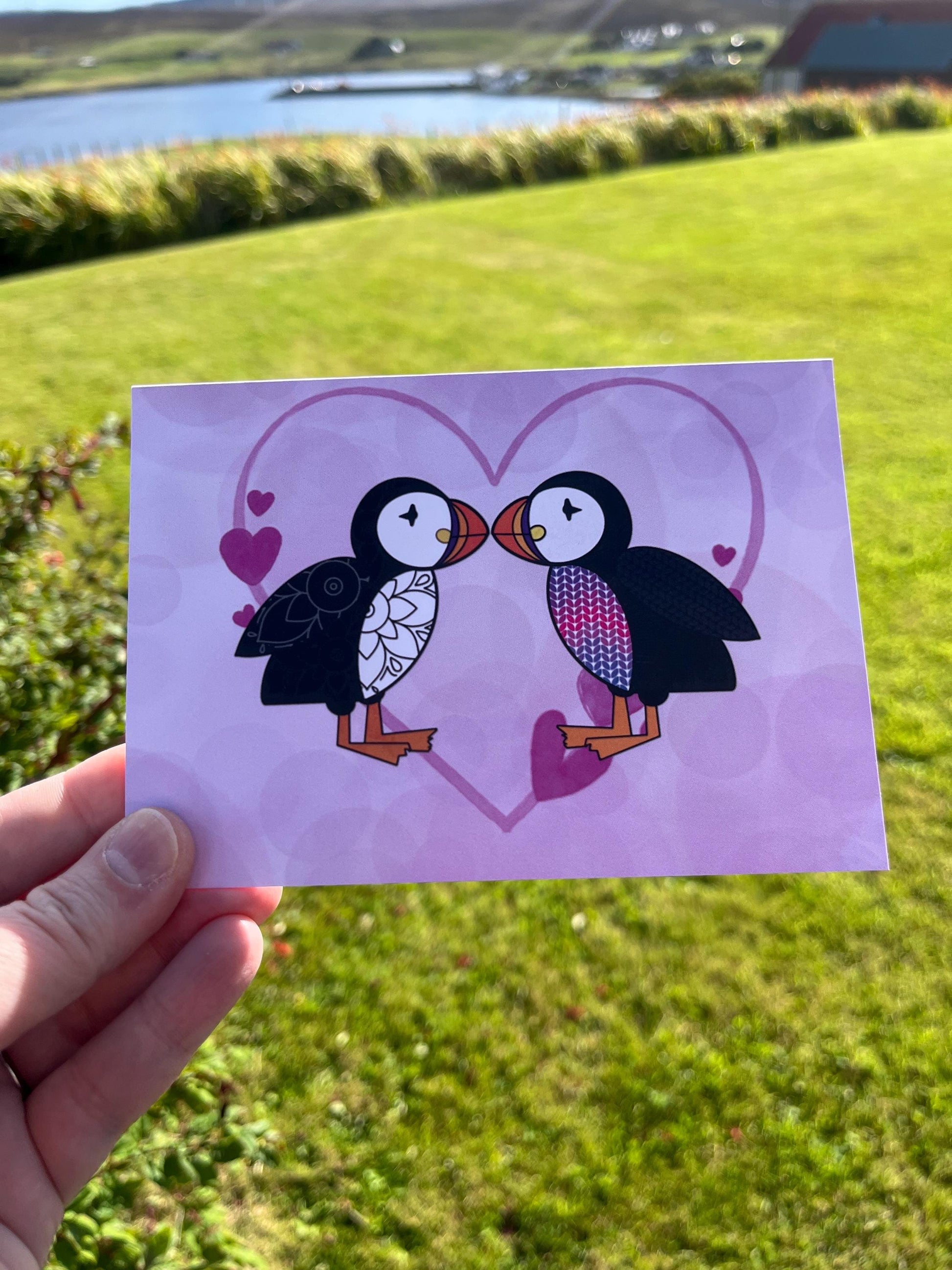 Pink Heart Fair Isle Puffin card - Uphouse Crafts