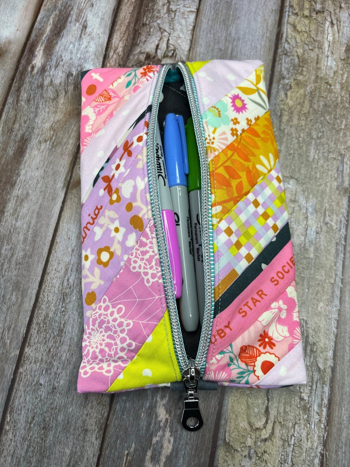 Pink Lilac Yellow Patchwork Notebook Pencil Case, A5 Journal Zip Case, Bookmark - Uphouse Crafts