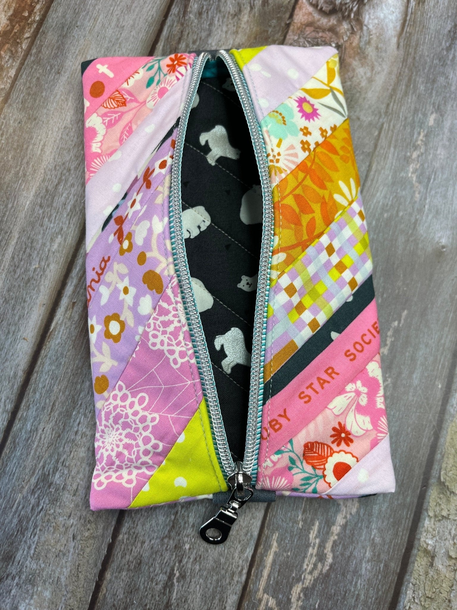 Pink Lilac Yellow Patchwork Notebook Pencil Case, A5 Journal Zip Case, Bookmark - Uphouse Crafts