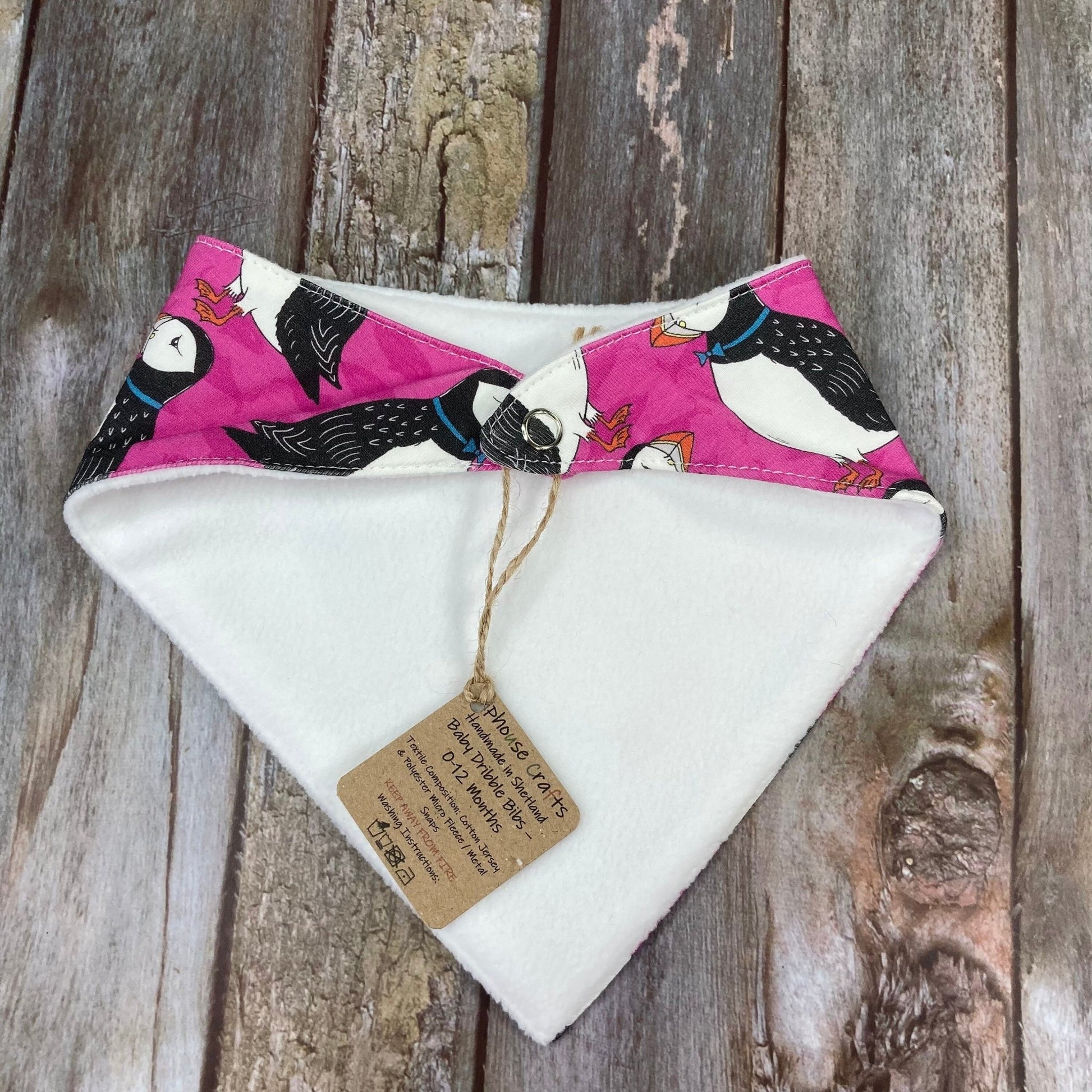 Pink Puffin Baby Dribble Bandana Bib 0 - 12 Months - Uphouse Crafts