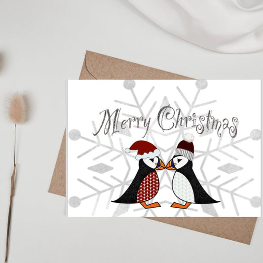 Pre - Order - Red Fair Isle Puffin card, Kissing Puffin Christmas Card, A6 - Uphouse Crafts