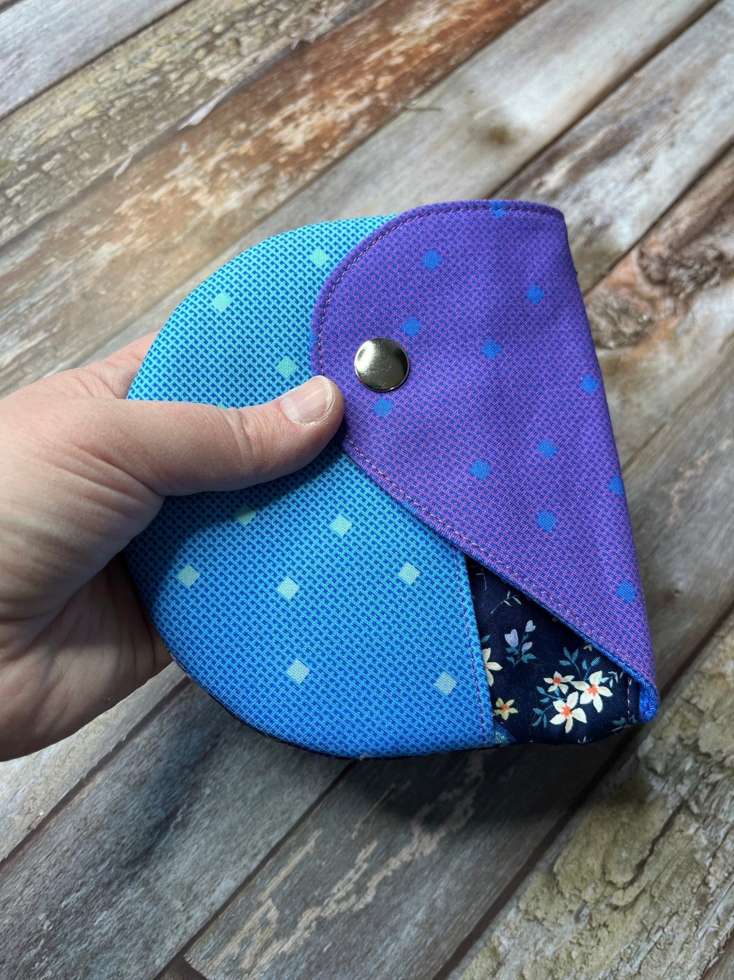 Purpe & Blue Patchwork Round Wing Zip Purse no2024 - 01 - Uphouse Crafts