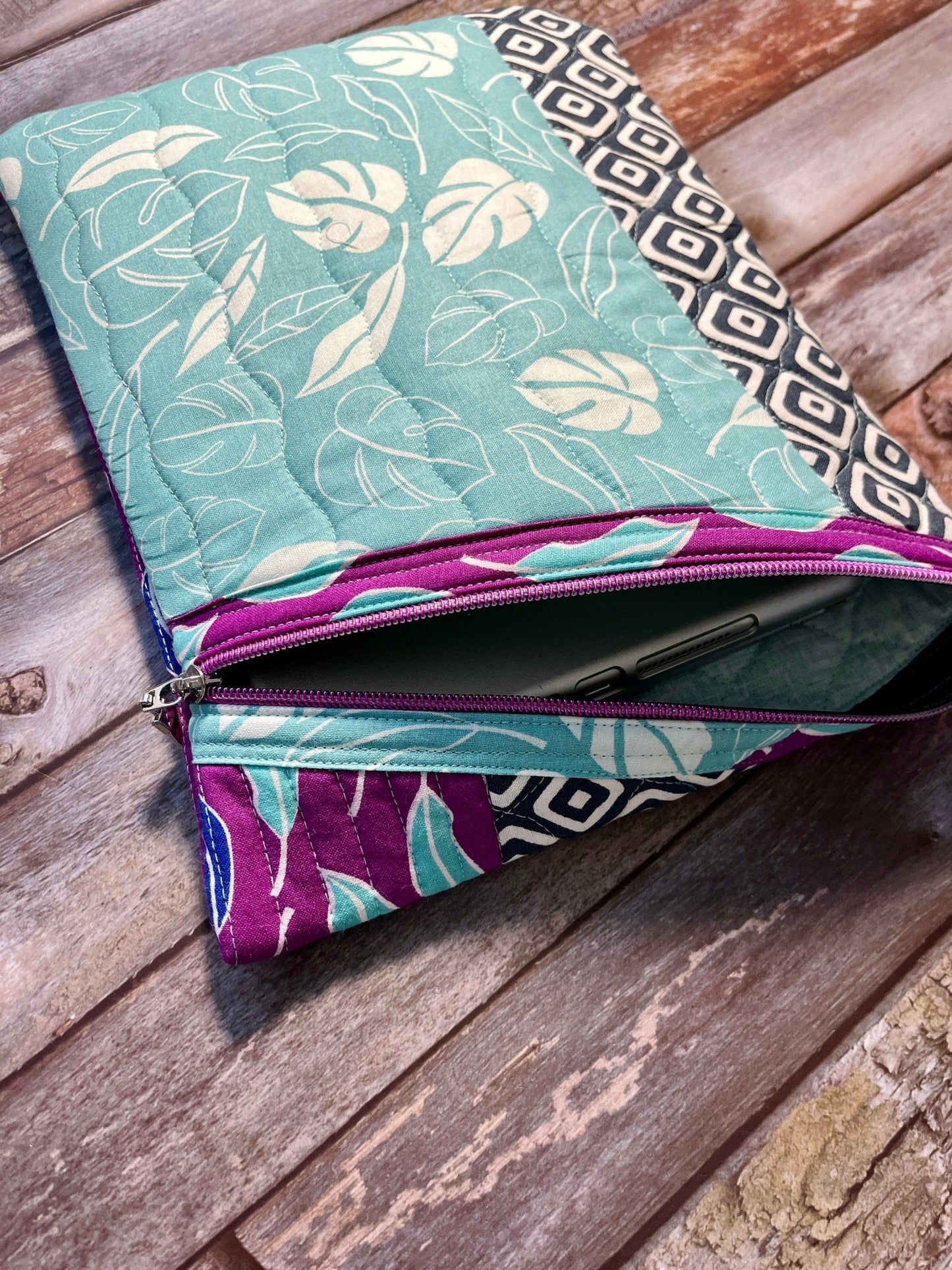 Purple Aqua Grey Patchwork Diagonal Zip Pouch, Quilted Zip Pouch, IPad Pouch - Uphouse Crafts