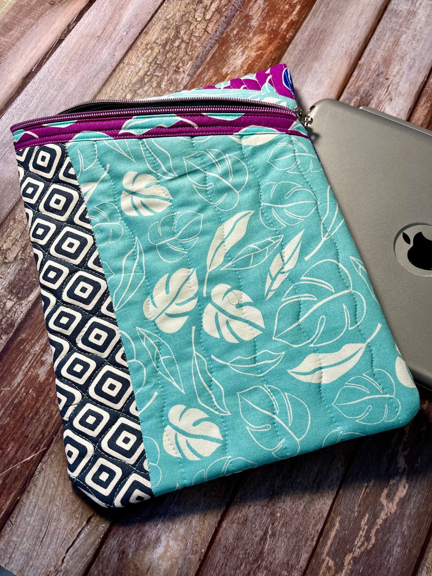 Purple Aqua Grey Patchwork Diagonal Zip Pouch, Quilted Zip Pouch, IPad Pouch - Uphouse Crafts