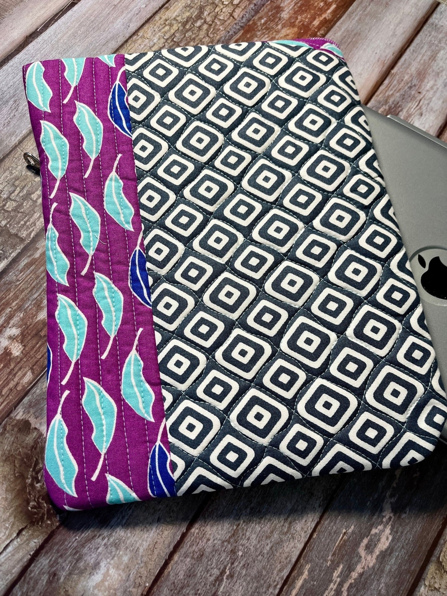 Purple Aqua Grey Patchwork Diagonal Zip Pouch, Quilted Zip Pouch, IPad Pouch - Uphouse Crafts