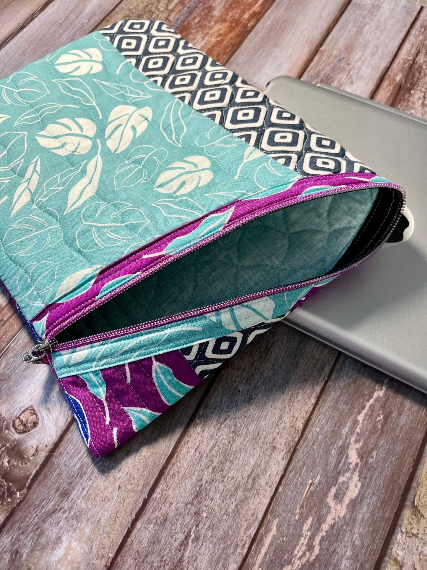 Purple Aqua Grey Patchwork Diagonal Zip Pouch, Quilted Zip Pouch, IPad Pouch - Uphouse Crafts