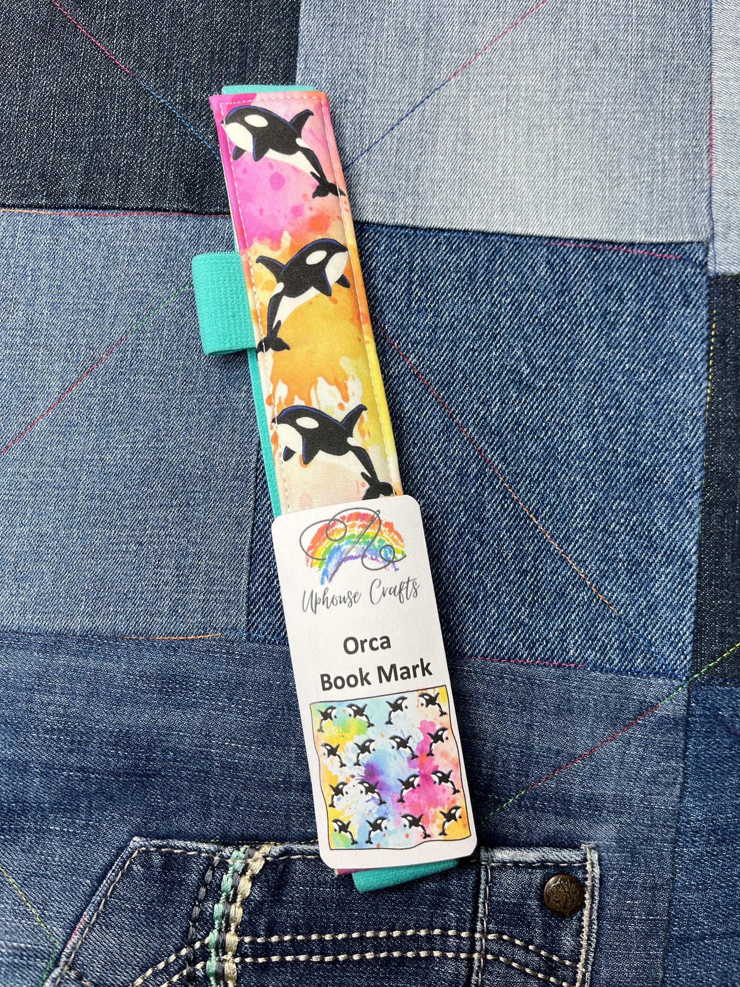 Rainbow Orca Book Mark with Mint Elastic - Uphouse Crafts