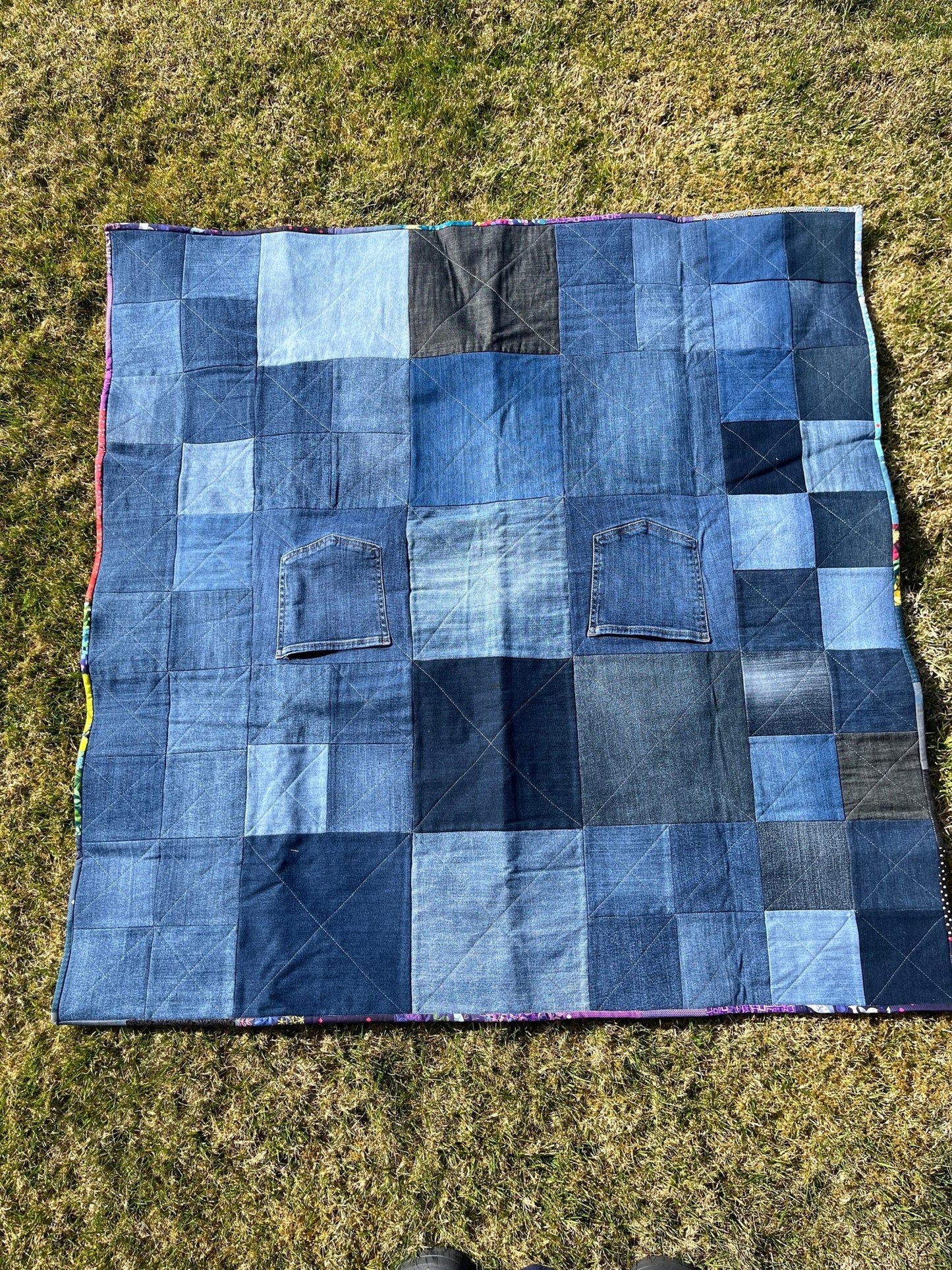 Reclaimed Denim Picnic Blanket / Quilt & Carry Strap - Uphouse Crafts