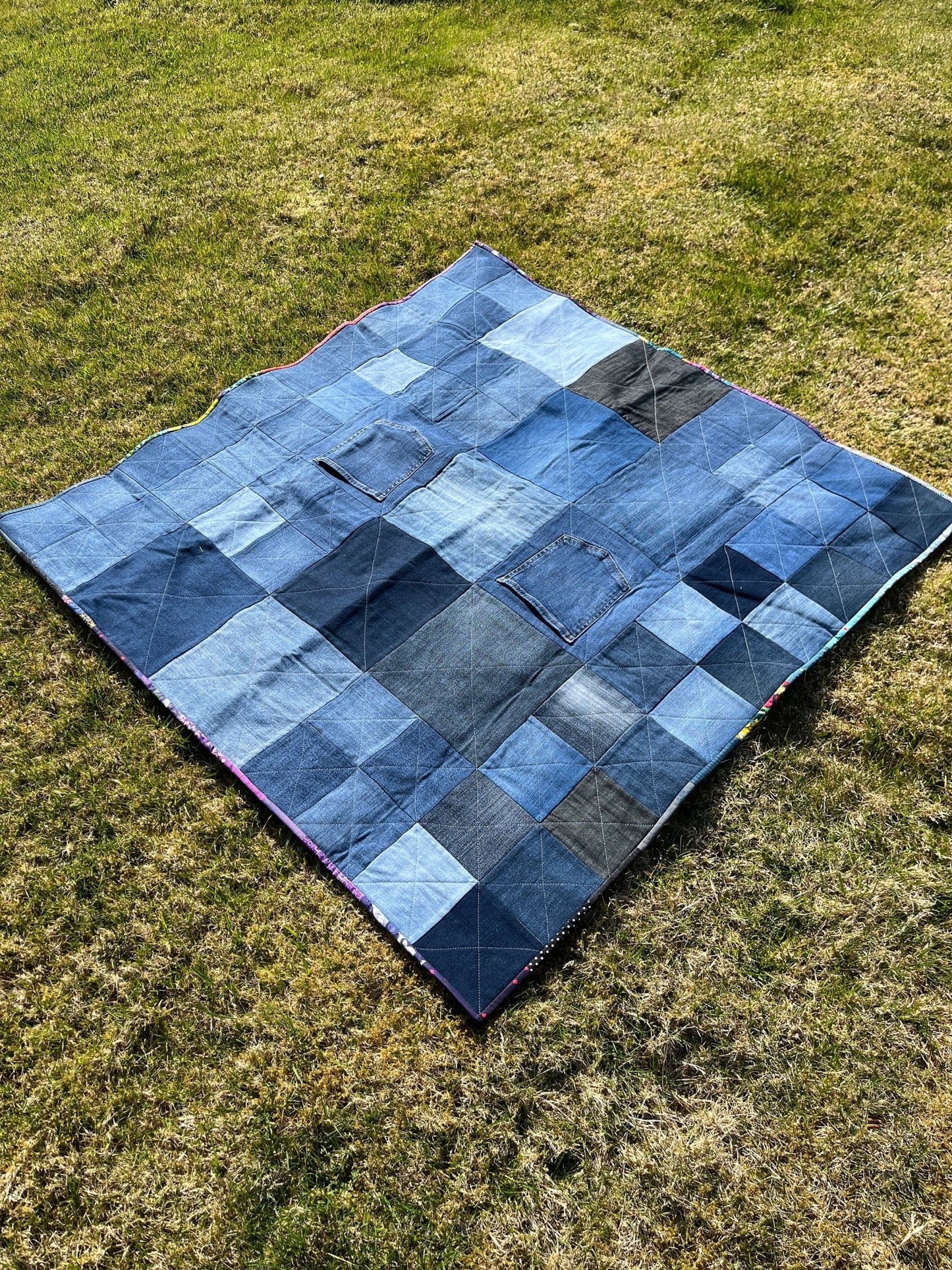 Reclaimed Denim Picnic Blanket / Quilt & Carry Strap - Uphouse Crafts