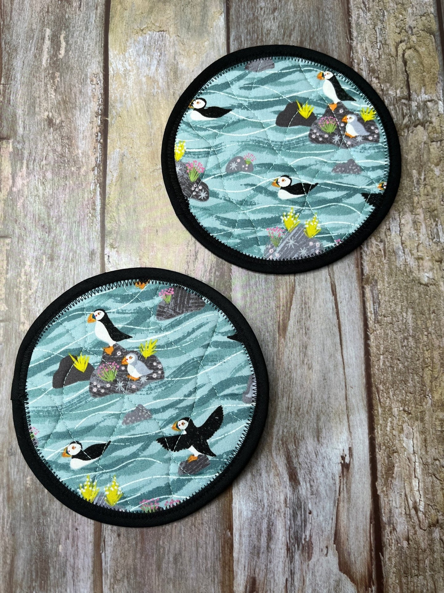 Round Fabric Coasters Set of 2 - Puffins - Uphouse Crafts