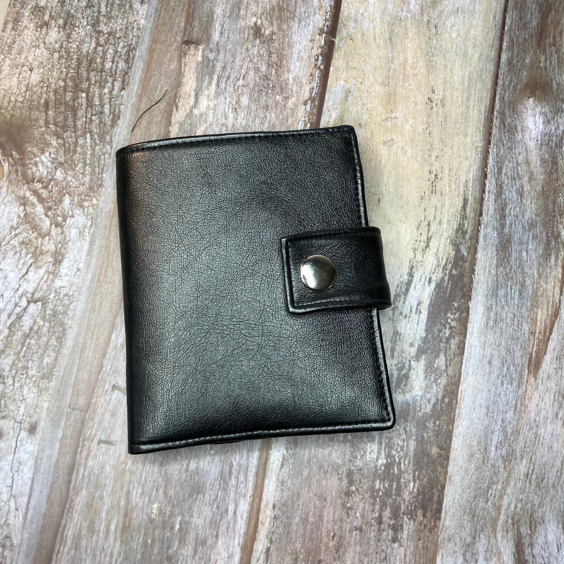 SALE Bi - Fold Black Faux Leather Wallet - Blue Puffin interior - Uphouse Crafts