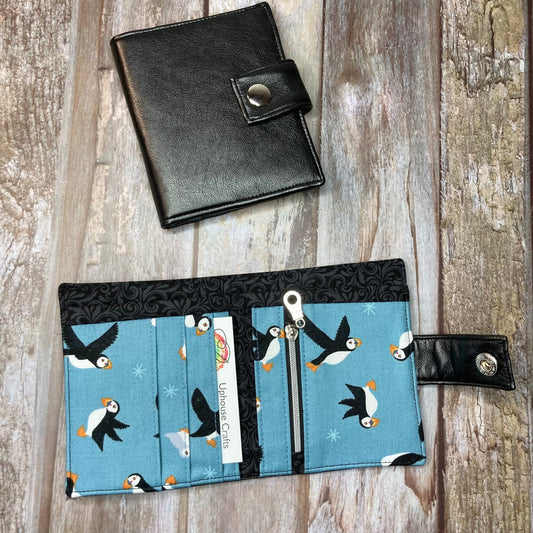 SALE Bi - Fold Black Faux Leather Wallet - Blue Puffin interior - Uphouse Crafts