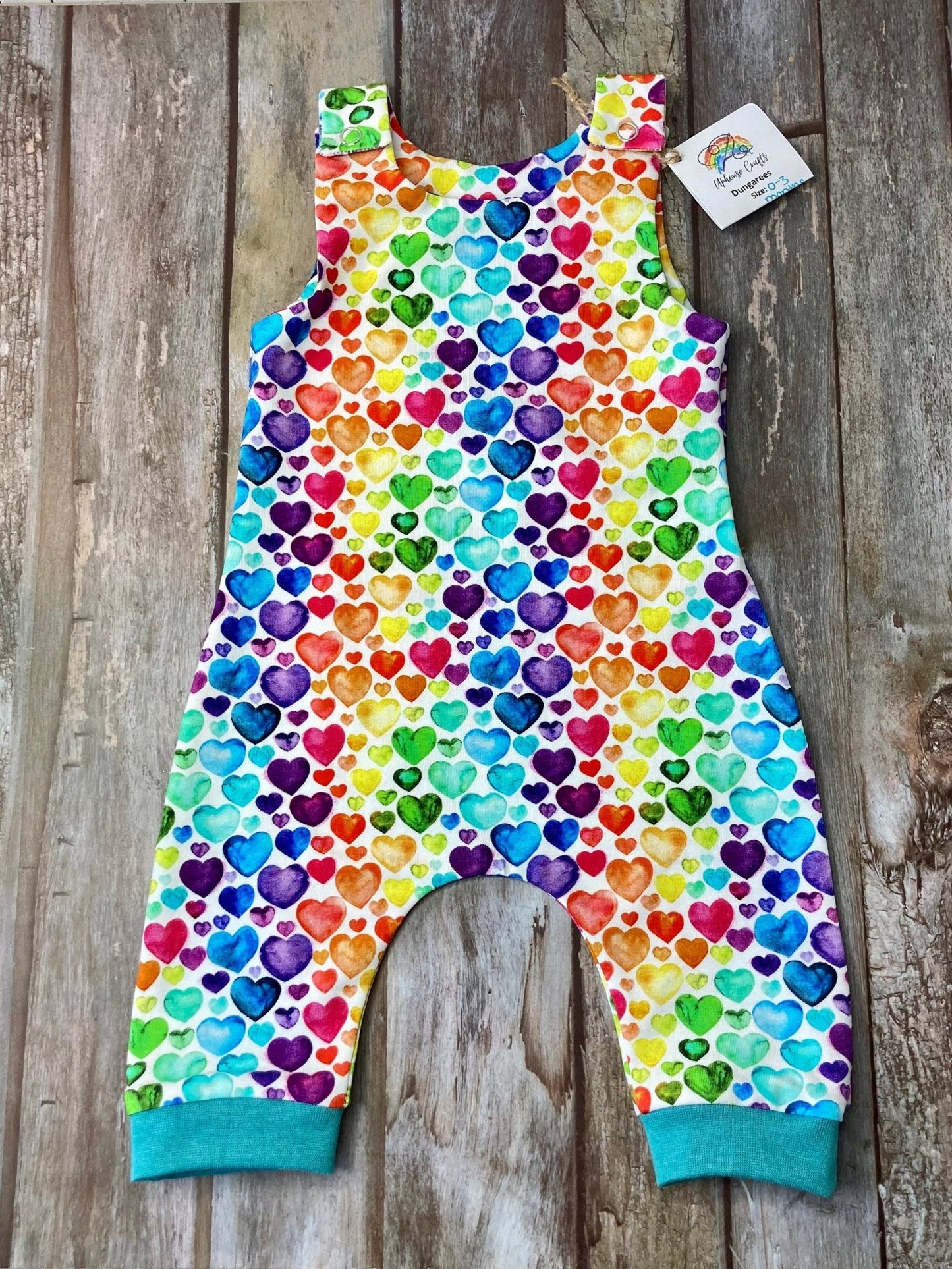 SALE Rainbow Hearts Baby dungarees - Uphouse Crafts