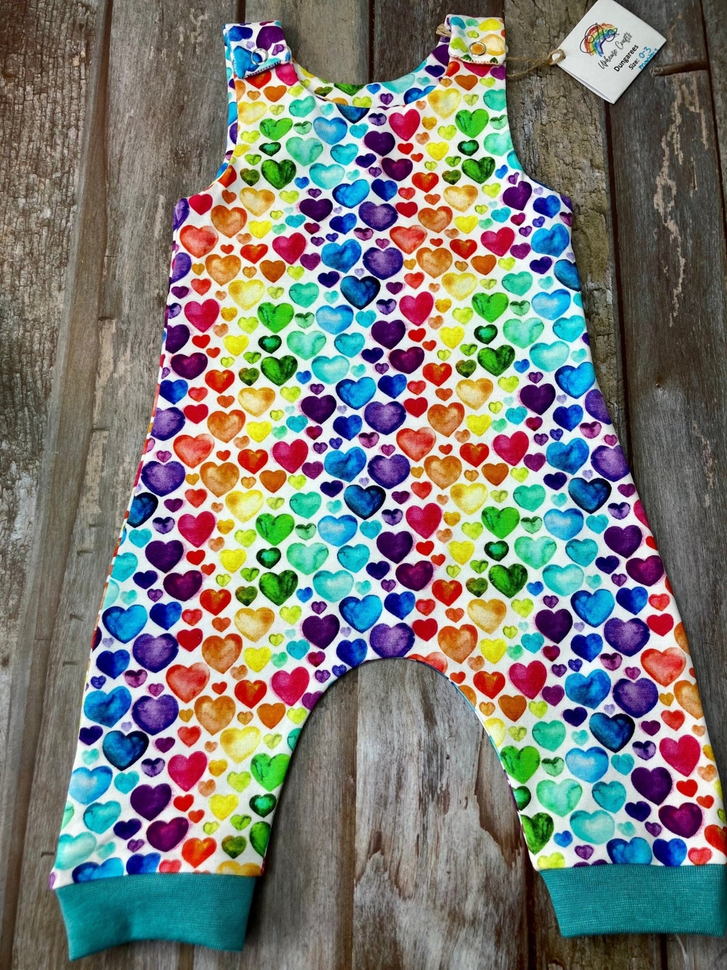 SALE Rainbow Hearts Baby dungarees - Uphouse Crafts