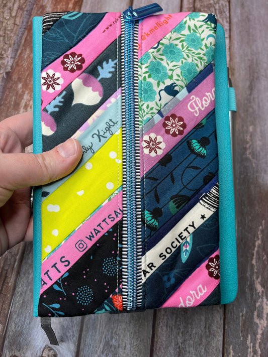 Selvedge Nein Pink Blue Patchwork Notebook Pencil Case, A5 Journal Zip Case, Bookmark - Uphouse Crafts