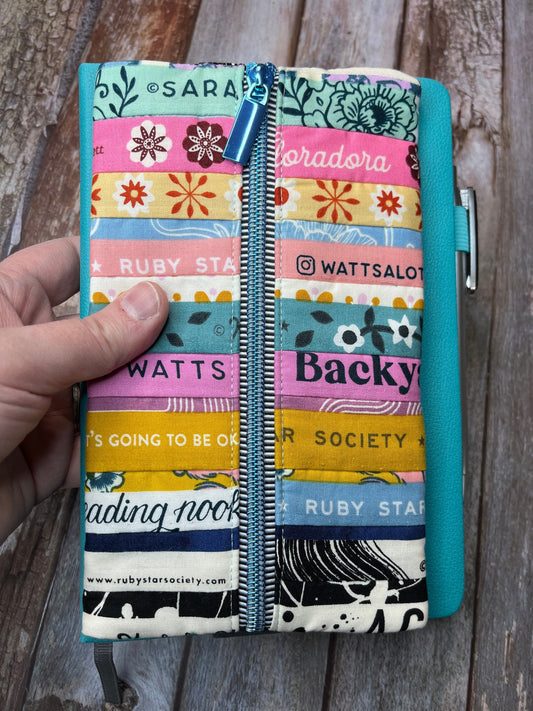 Selvedge Pink Blue Patchwork Notebook Pencil Case, A5 Journal Zip Case, Bookmark - Uphouse Crafts