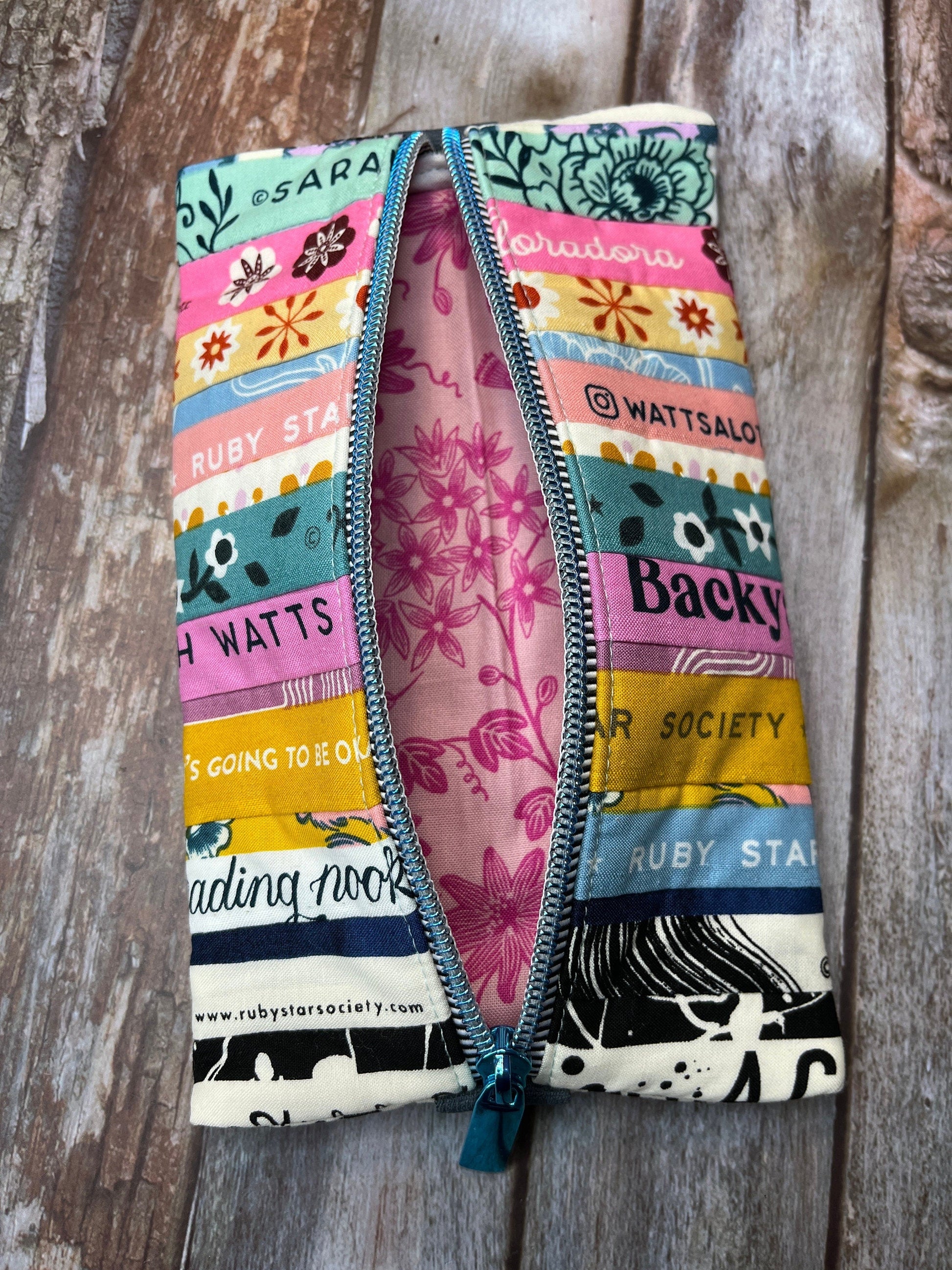 Selvedge Pink Blue Patchwork Notebook Pencil Case, A5 Journal Zip Case, Bookmark - Uphouse Crafts